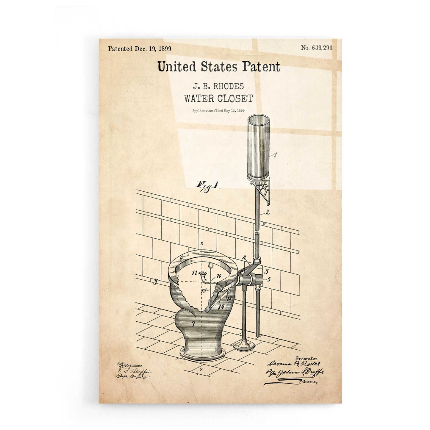 Epic Art 'Water Closet Blueprint Patent Parchment,' Acrylic Glass Wall Art,16x24