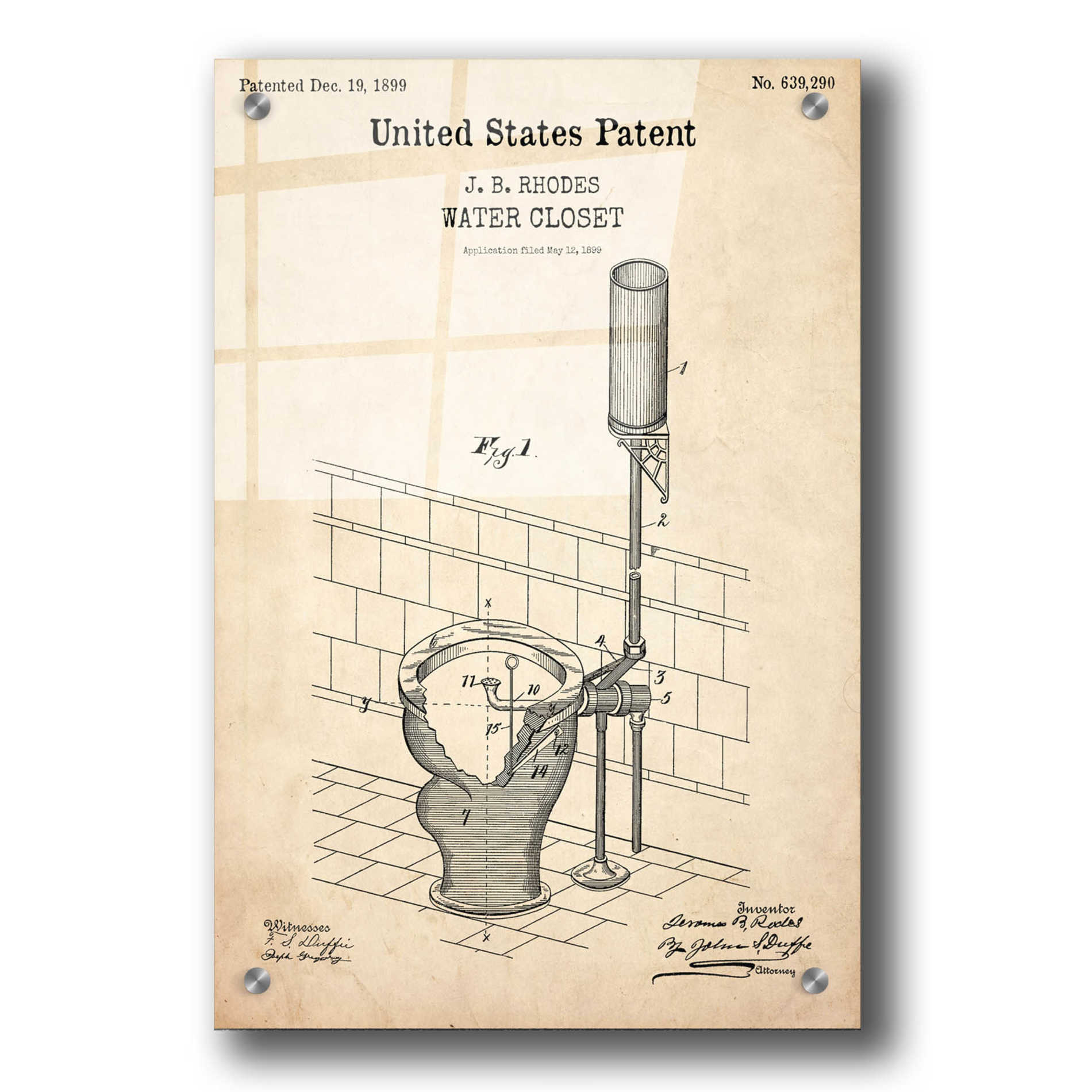 Epic Art 'Water Closet Blueprint Patent Parchment,' Acrylic Glass Wall Art,24x36