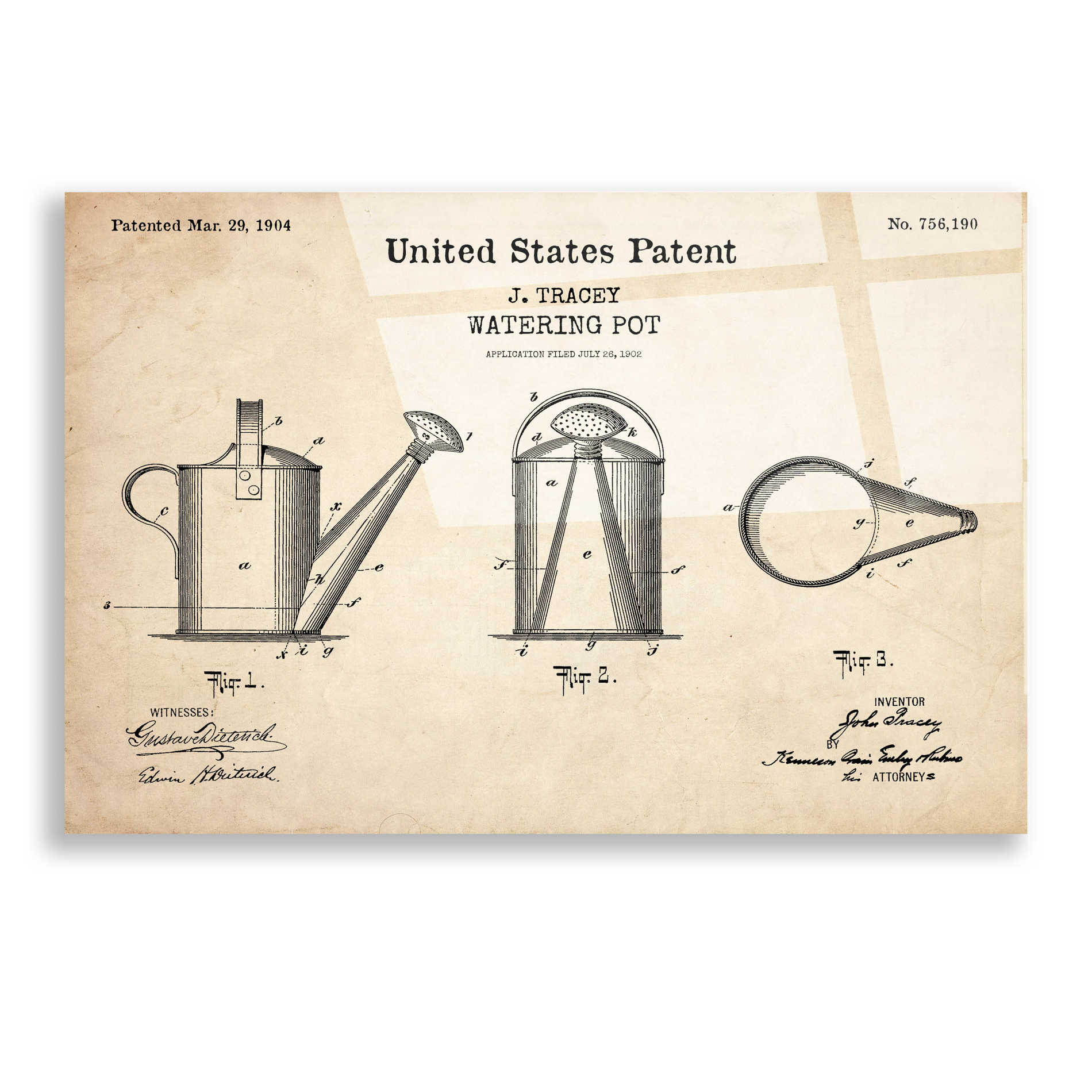 Epic Art 'Watering Can Blueprint Patent Parchment,' Acrylic Glass Wall Art