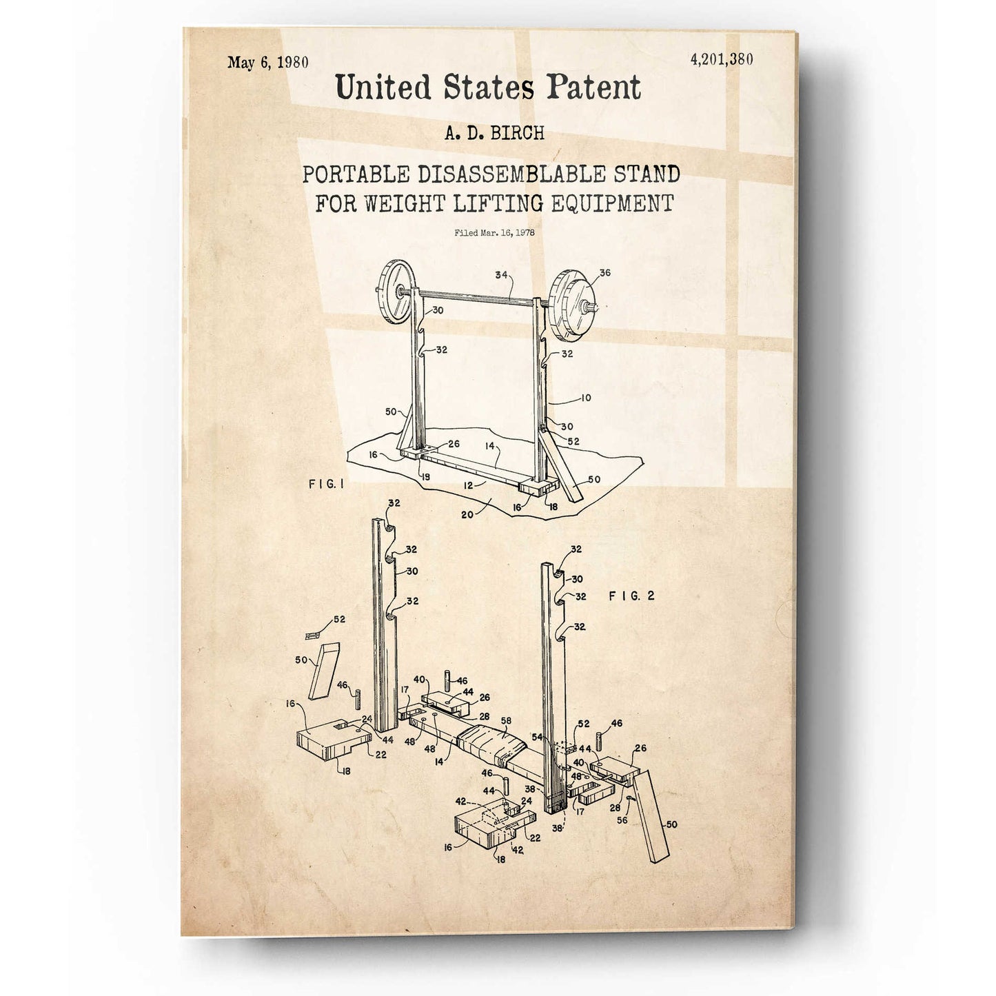 Epic Art 'Weight Lifting Equipment Blueprint Patent Parchment,' Acrylic Glass Wall Art,12x16