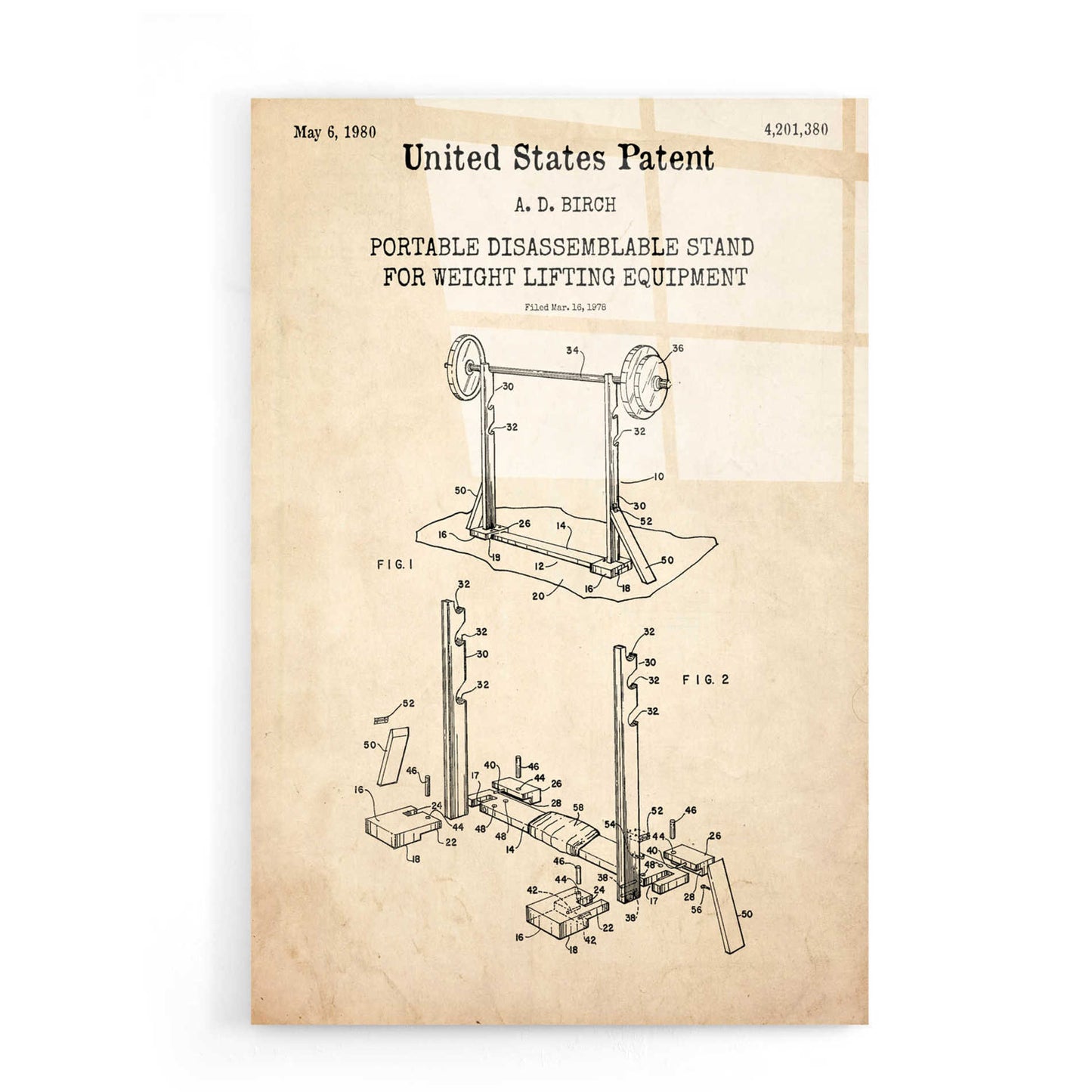 Epic Art 'Weight Lifting Equipment Blueprint Patent Parchment,' Acrylic Glass Wall Art,16x24