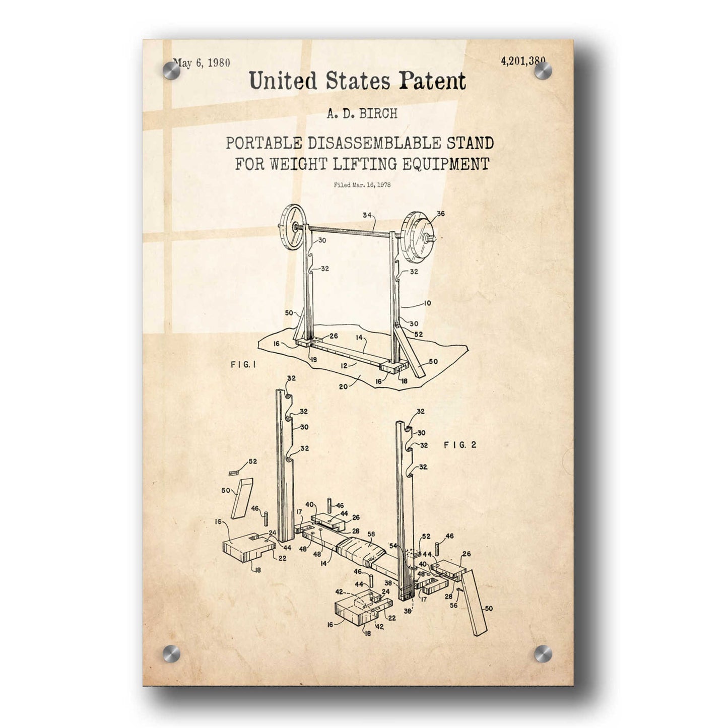 Epic Art 'Weight Lifting Equipment Blueprint Patent Parchment,' Acrylic Glass Wall Art,24x36