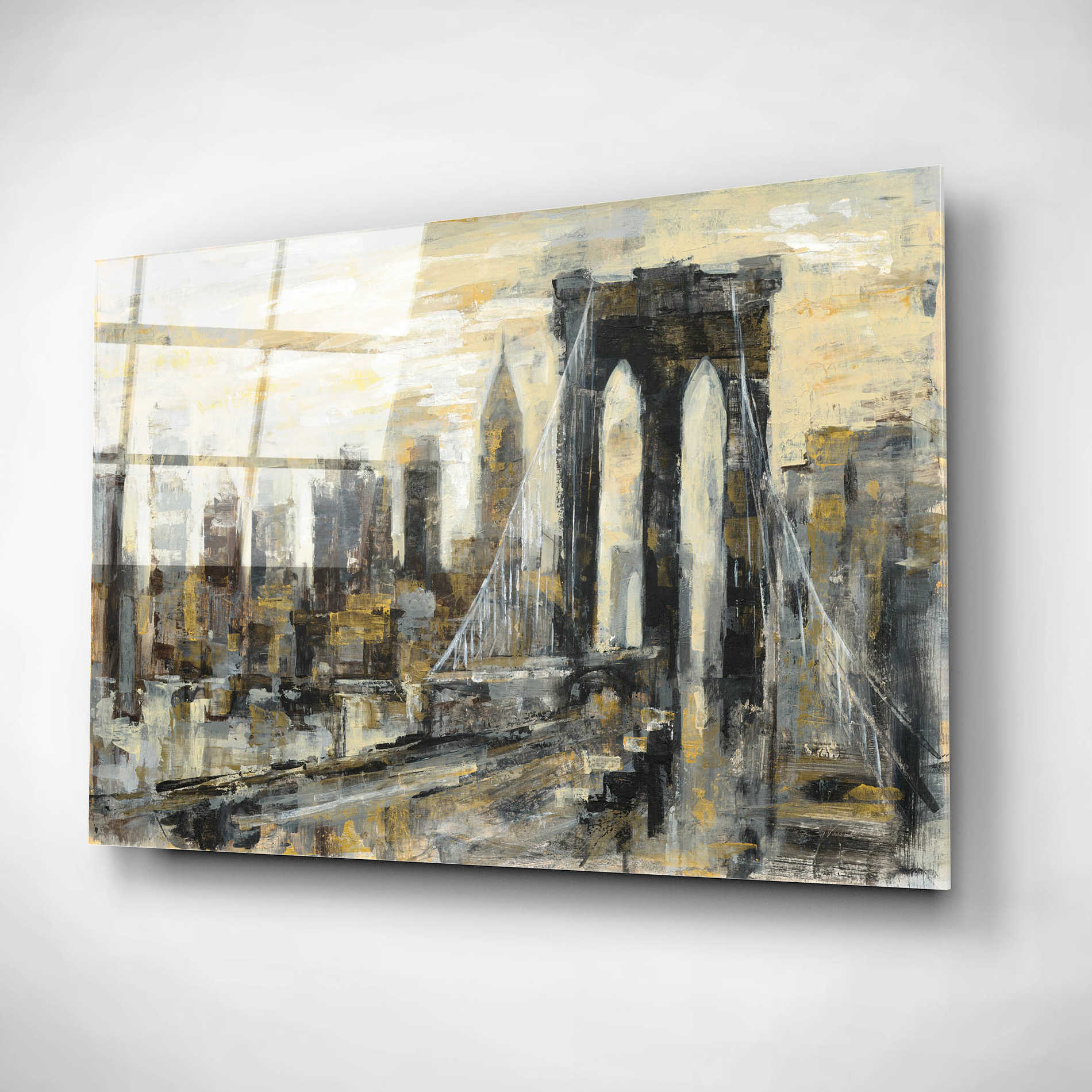 Epic Art 'Brooklyn Bridge Gray and Gold' by Silvia Vassileva, Acrylic Glass Wall Art,16x12