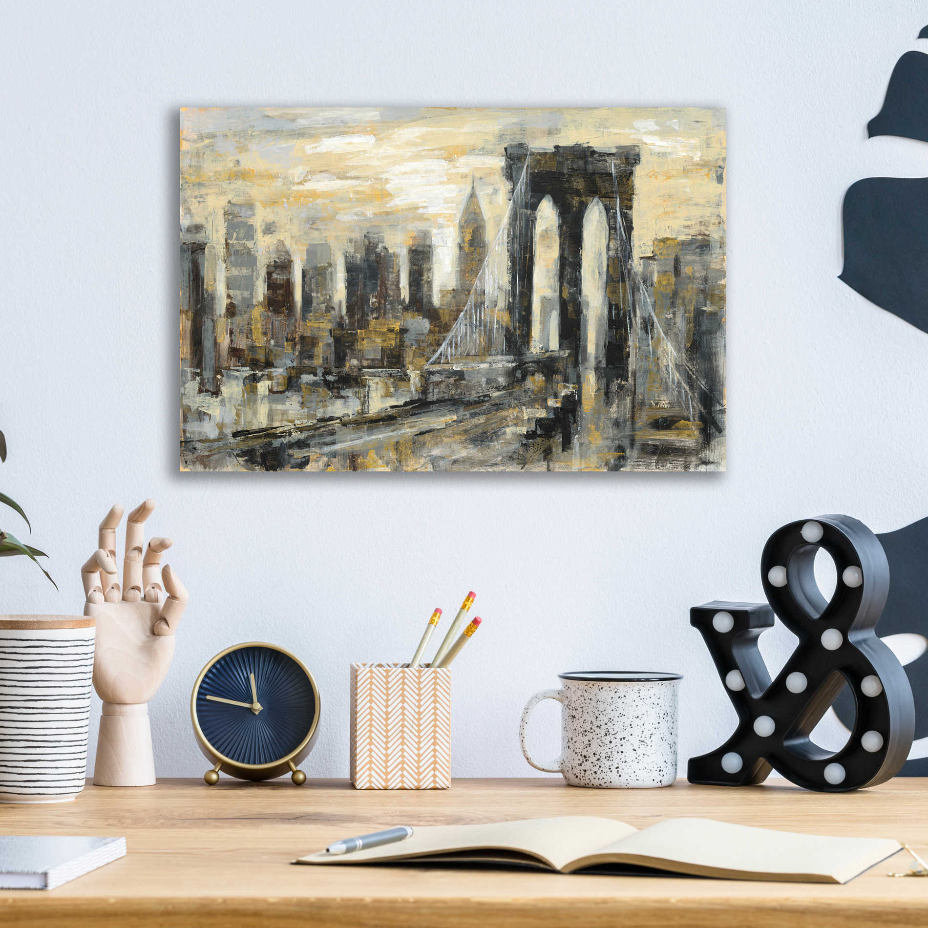 Epic Art 'Brooklyn Bridge Gray and Gold' by Silvia Vassileva, Acrylic Glass Wall Art,16x12