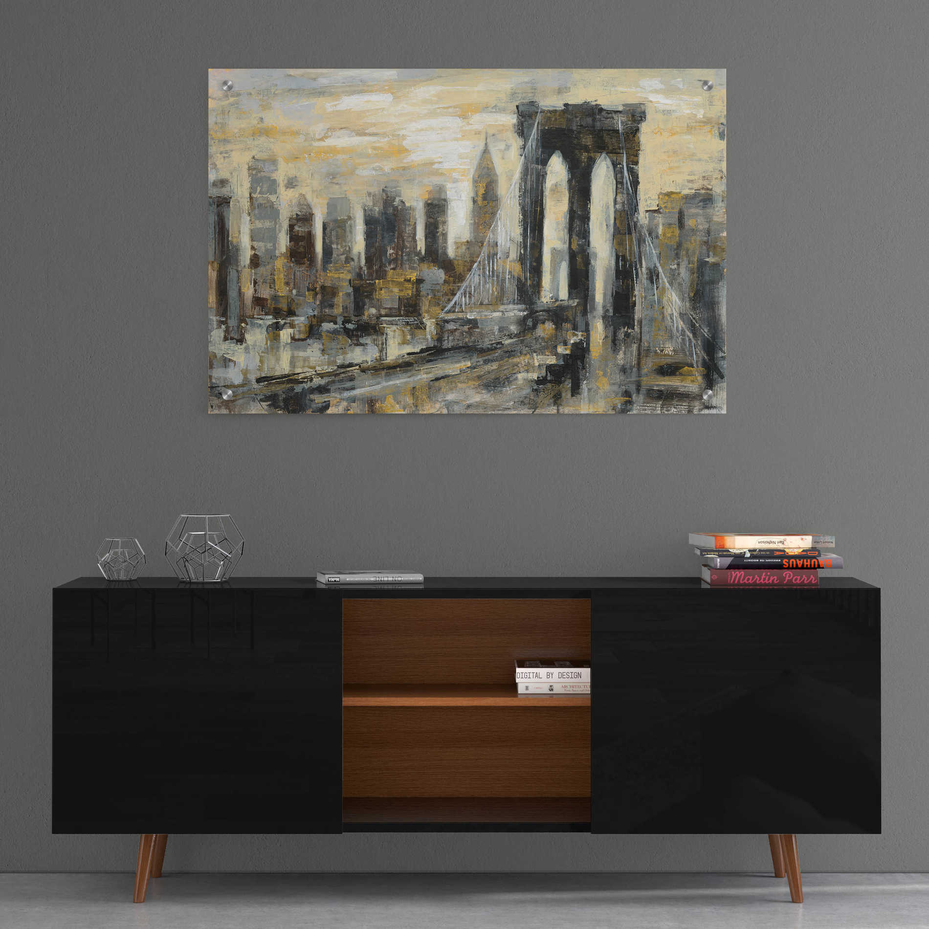 Epic Art 'Brooklyn Bridge Gray and Gold' by Silvia Vassileva, Acrylic Glass Wall Art,36x24