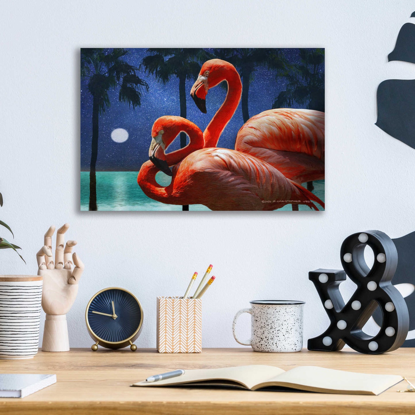 Epic Art 'Moonlight Flamingos' by Chris Vest, Acrylic Glass Wall Art,16x12