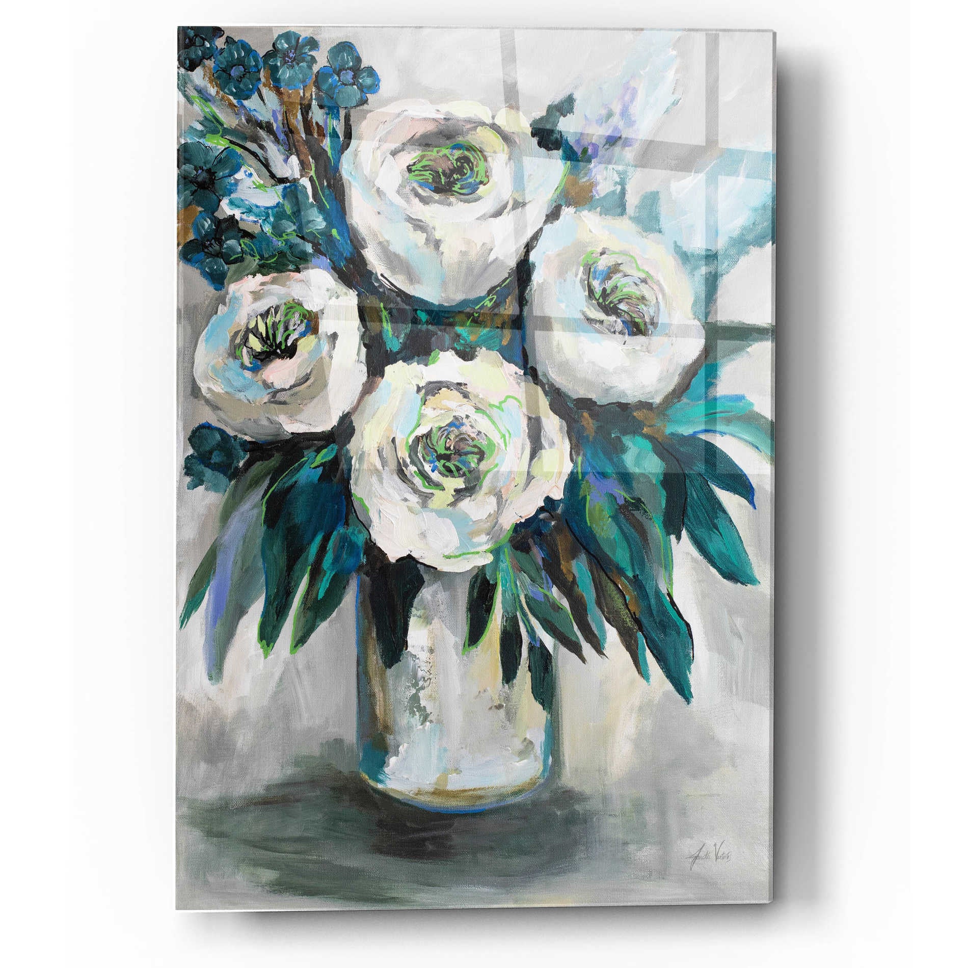 Epic Art 'White Roses Bouquet' by Jeanette Vertentes, Acrylic Glass Wall Art,12x16