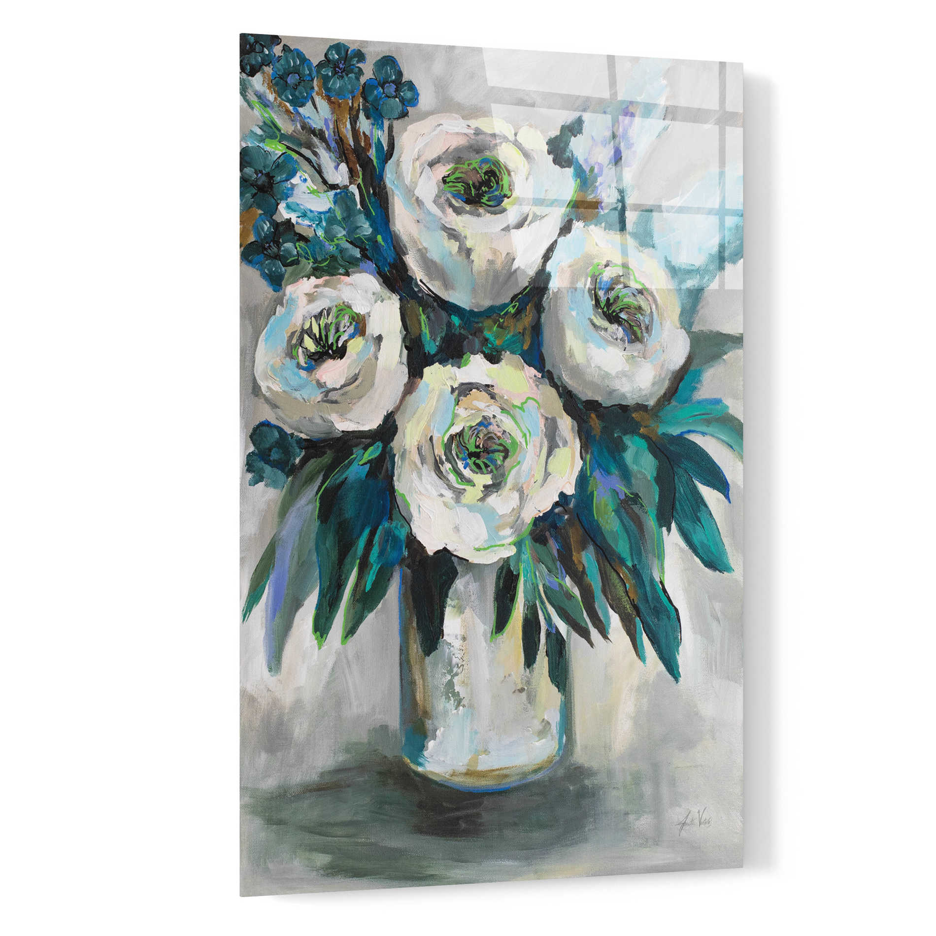 Epic Art 'White Roses Bouquet' by Jeanette Vertentes, Acrylic Glass Wall Art,16x24