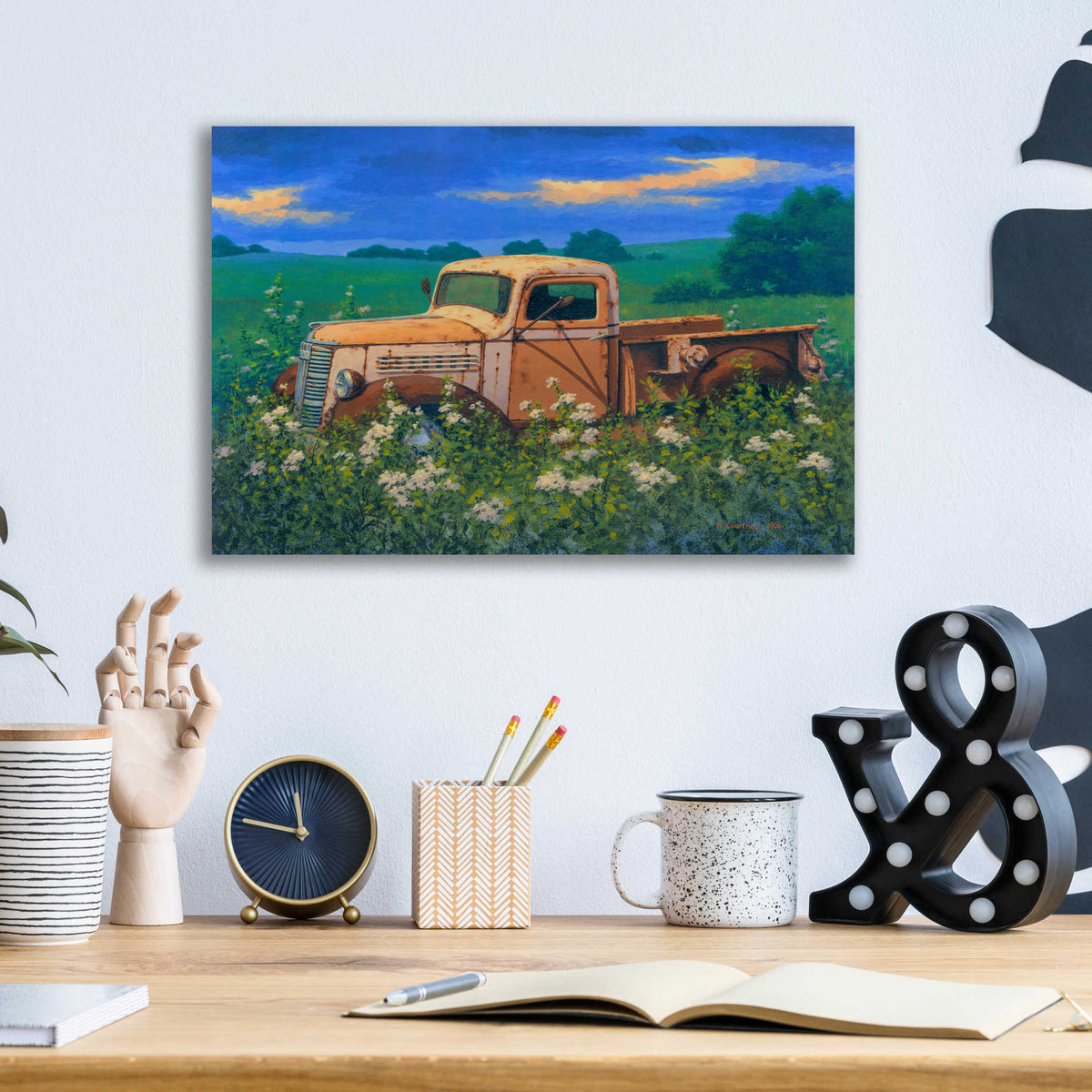 Epic Art 'Truck In the Meadow Adobe' by Richard Courtney, Acrylic Glass Wall Art,16x12