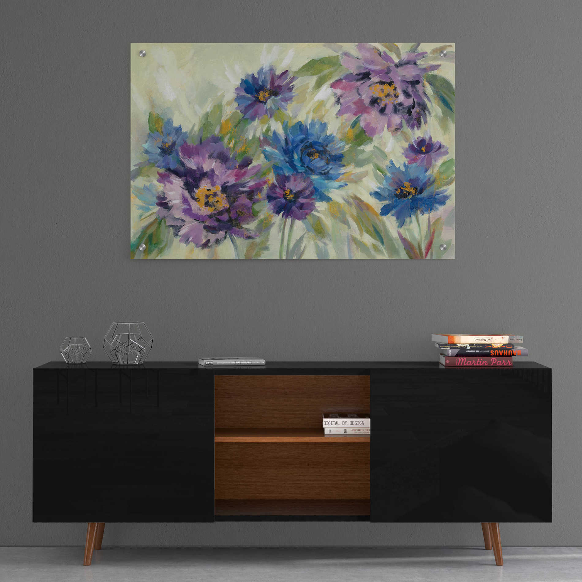 Epic Art 'Bold Blue and Lavender Flowers' by Silvia Vassileva, Acrylic Glass Wall Art,36x24