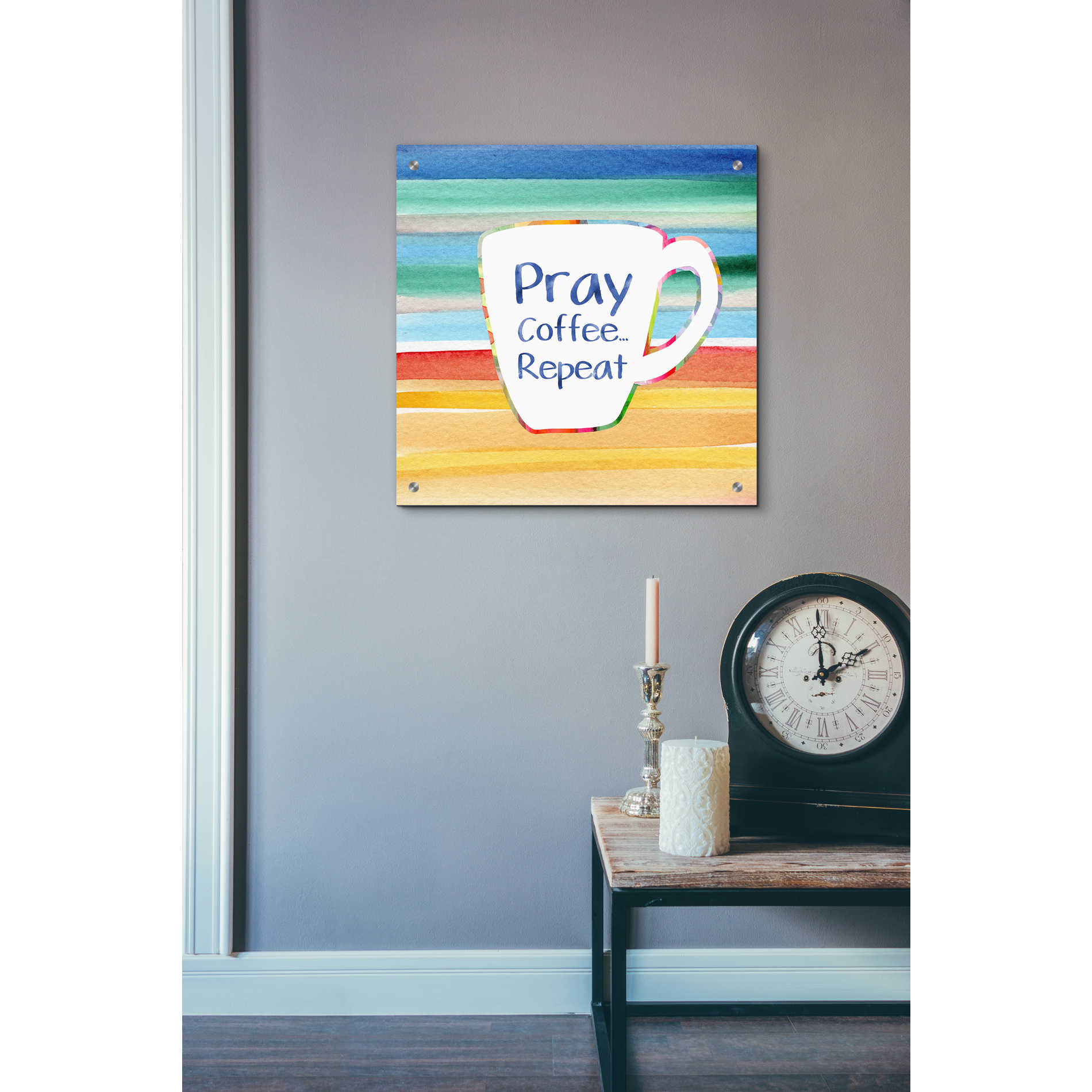 Epic Art 'Pray, Coffee, Repeat' by Linda Woods, Acrylic Glass Wall Art,24x24