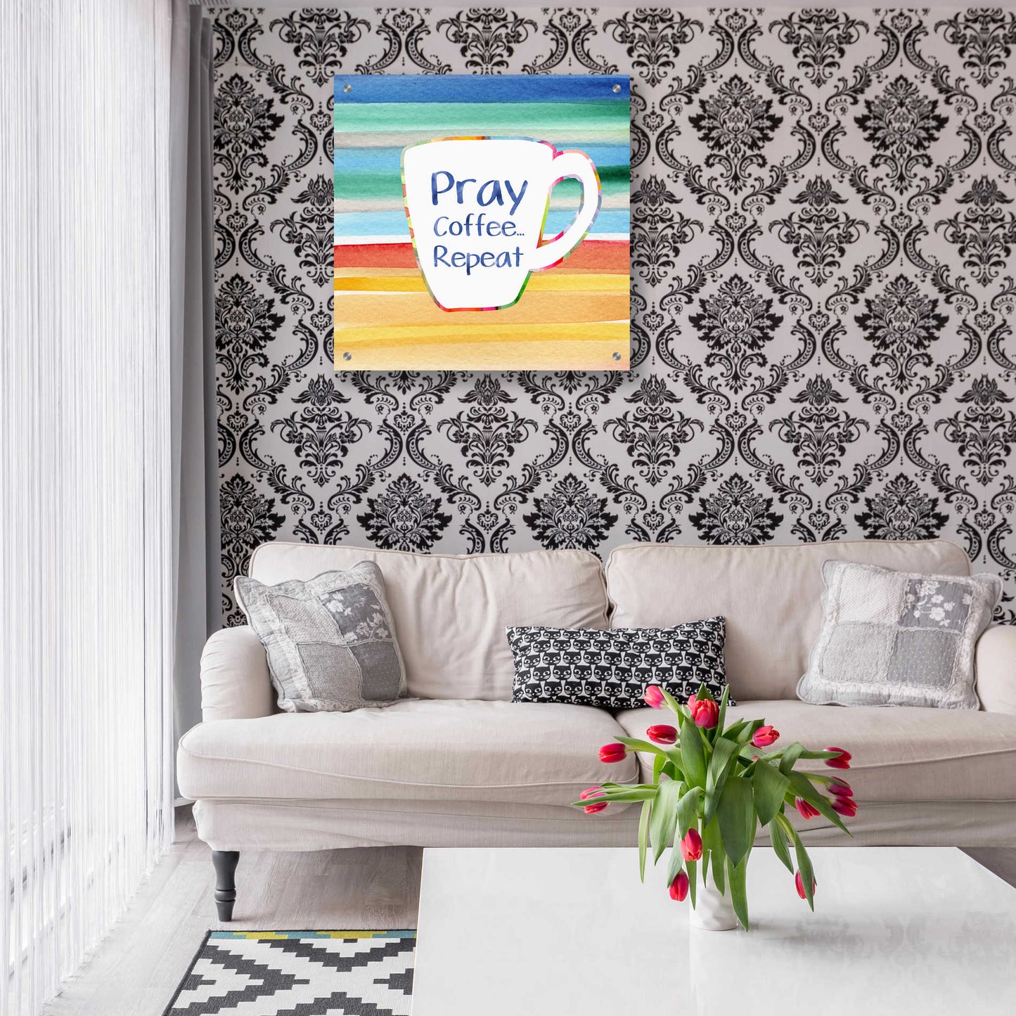 Epic Art 'Pray, Coffee, Repeat' by Linda Woods, Acrylic Glass Wall Art,24x24