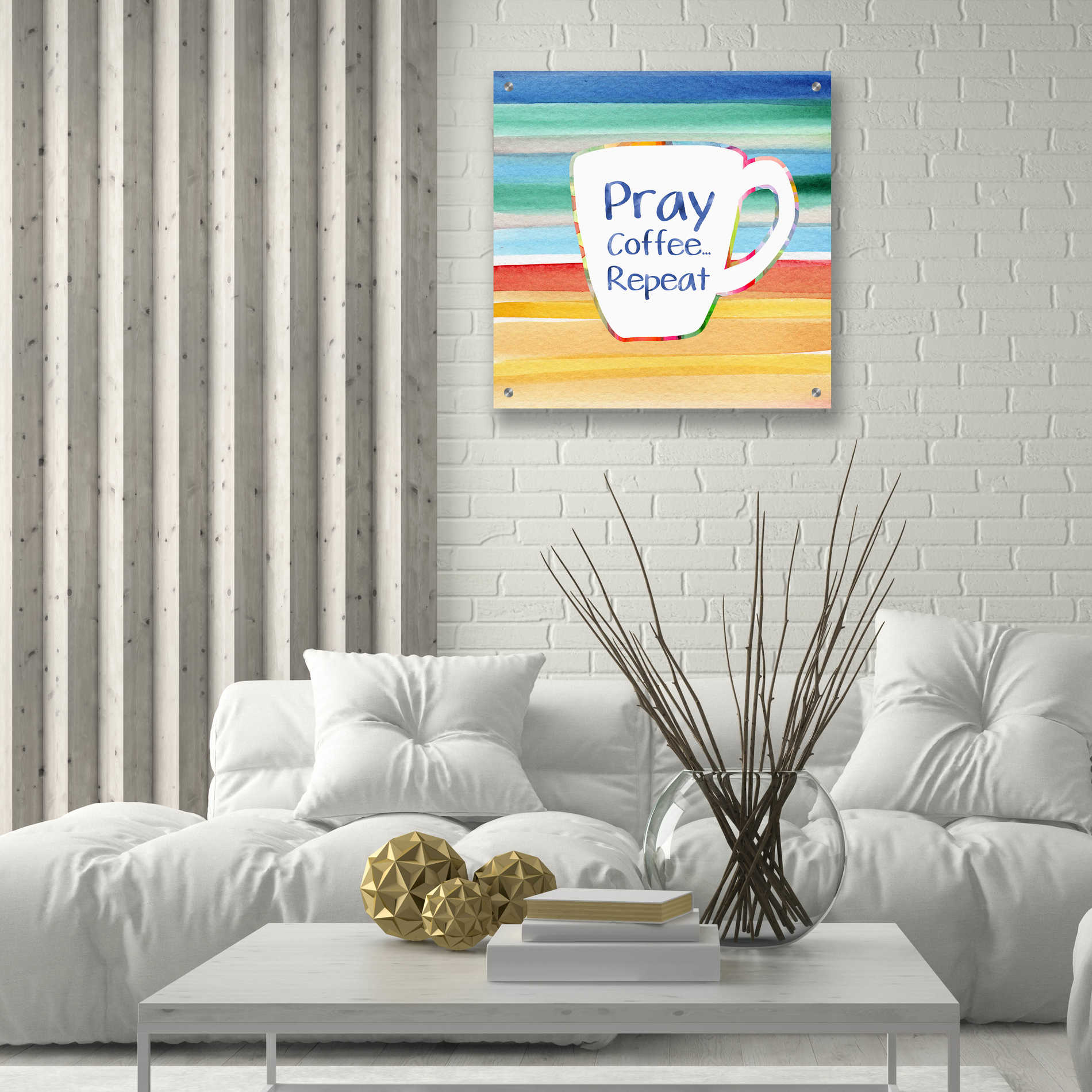 Epic Art 'Pray, Coffee, Repeat' by Linda Woods, Acrylic Glass Wall Art,24x24