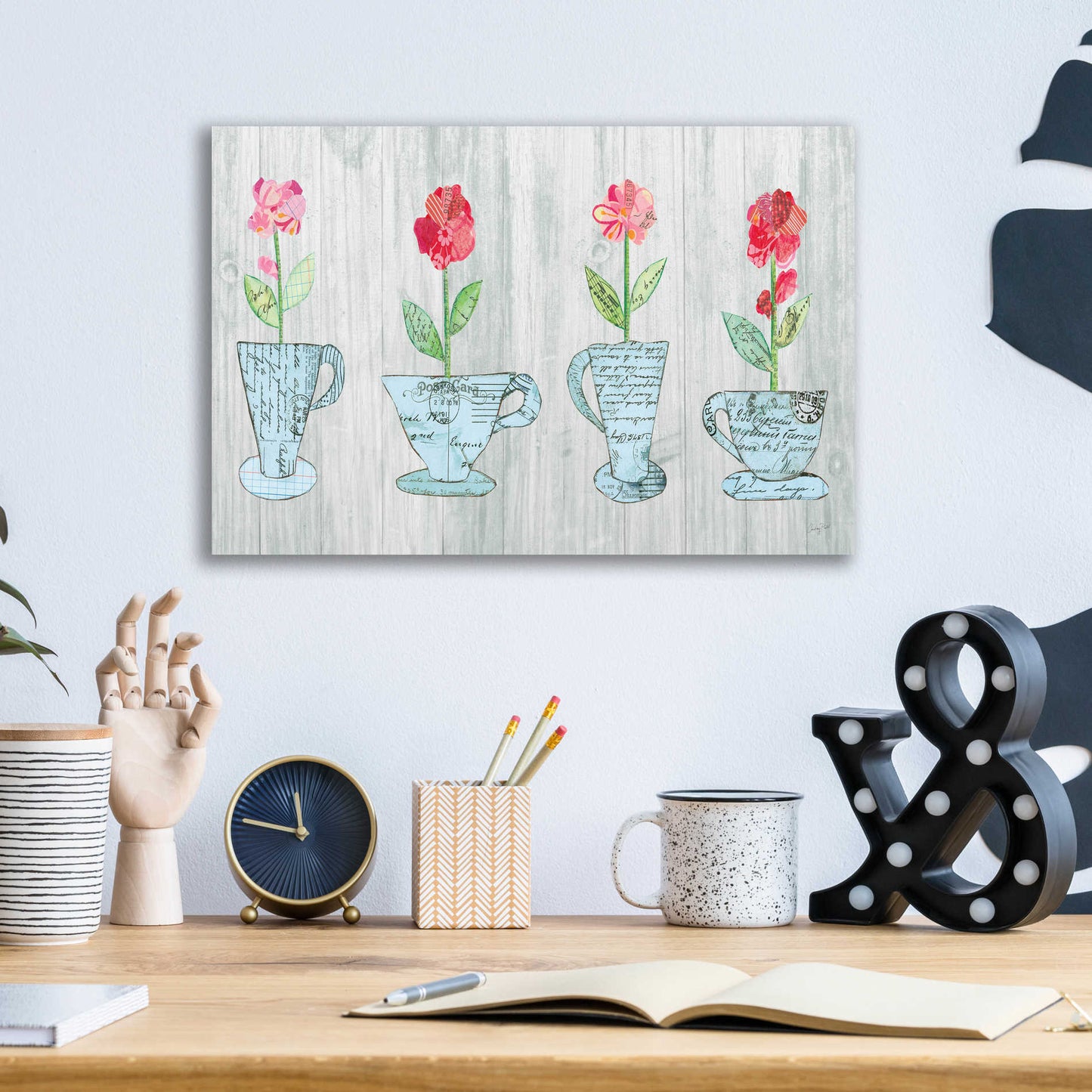 Epic Art 'Teacup Floral V Shiplap' by Courtney Prahl, Acrylic Glass Wall Art,16x12