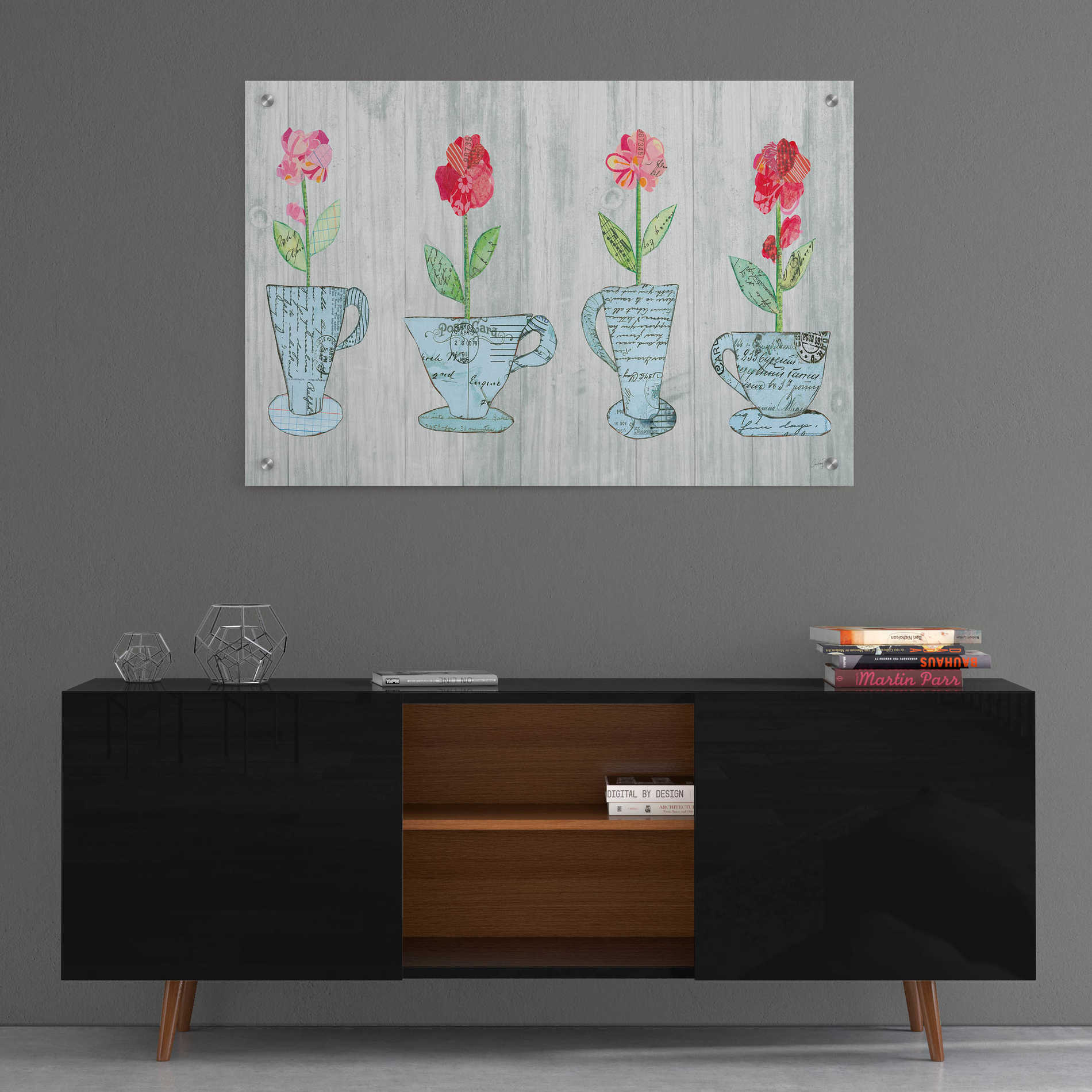 Epic Art 'Teacup Floral V Shiplap' by Courtney Prahl, Acrylic Glass Wall Art,36x24