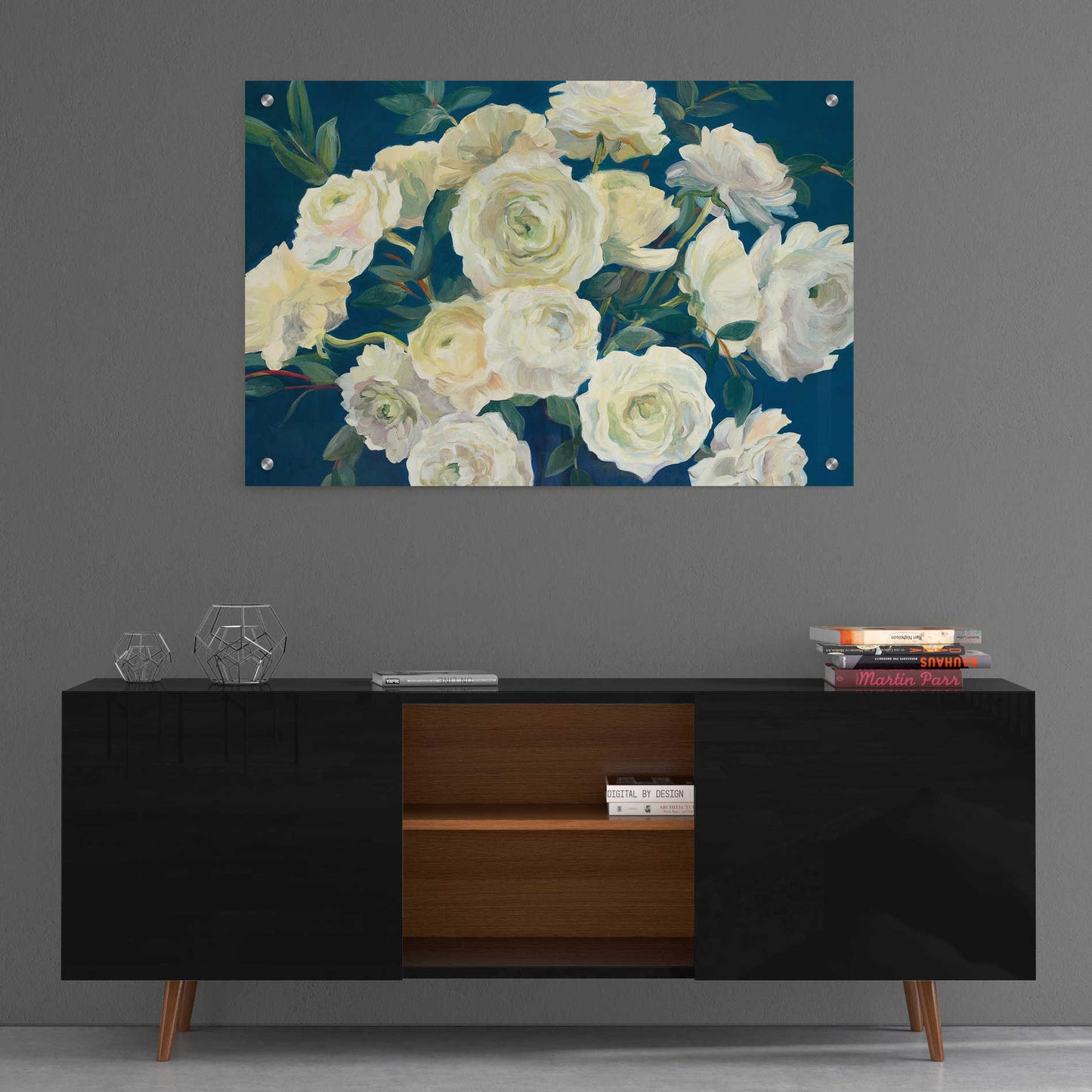Epic Art 'Roses in Cobalt Vase Indigo' by Marilyn Hageman, Acrylic Glass Wall Art,36x24