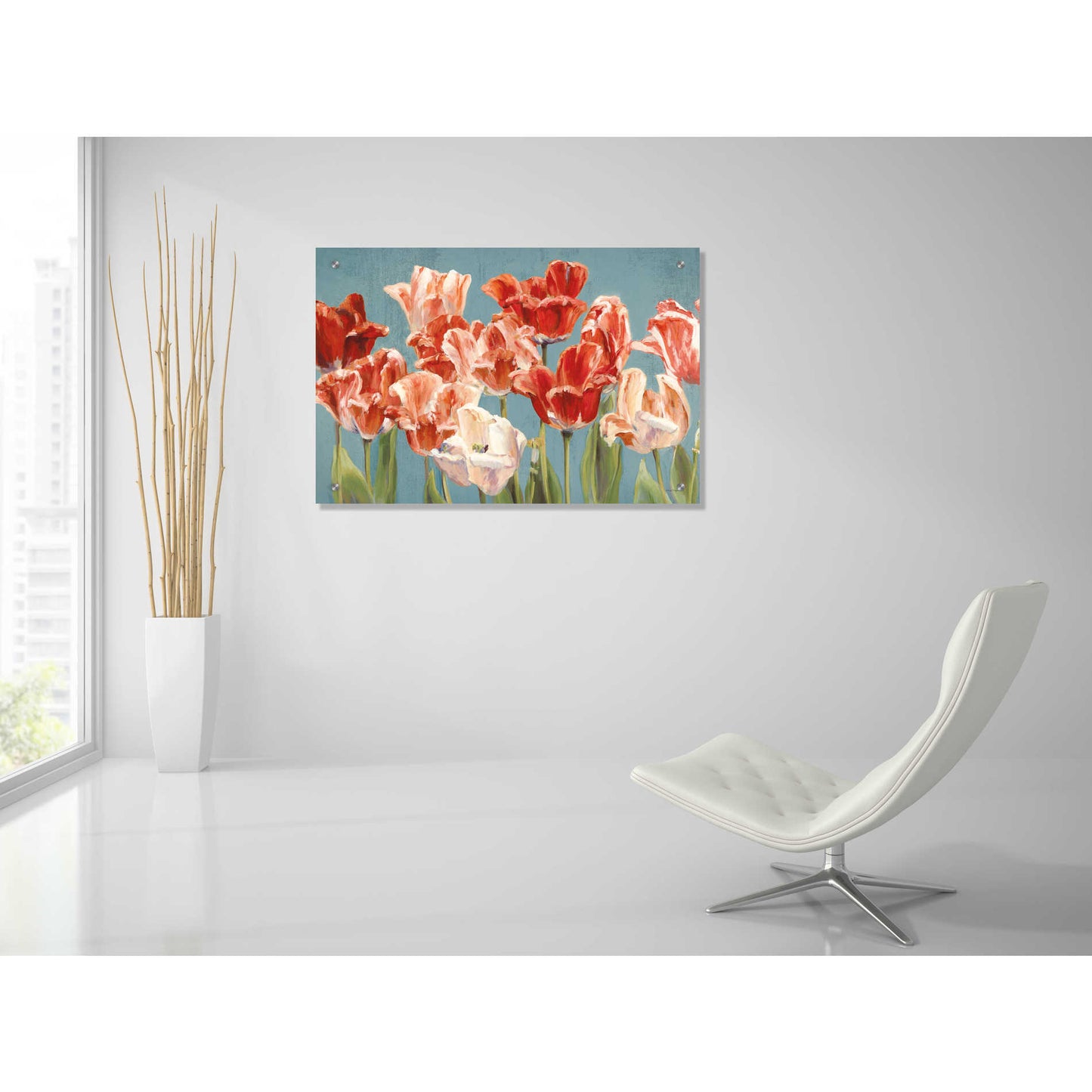 Epic Art 'Crimson Tulips on Blue' by Marilyn Hageman, Acrylic Glass Wall Art,36x24