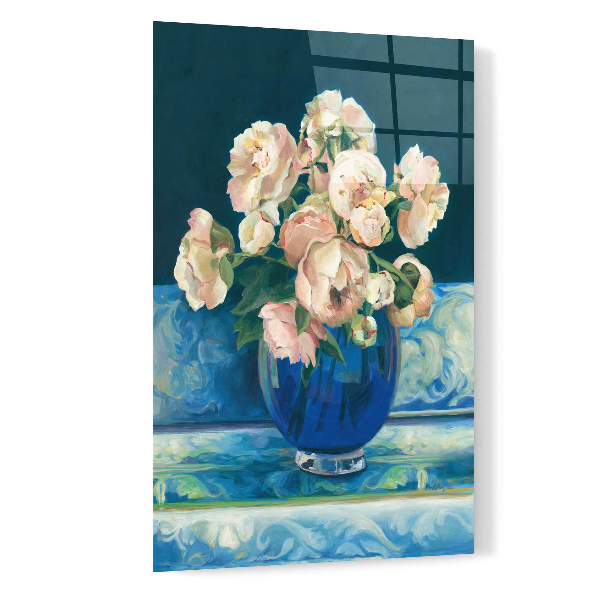 Epic Art 'Peonies in Cobalt Vase No Fruit' by Marilyn Hageman, Acrylic Glass Wall Art,16x24