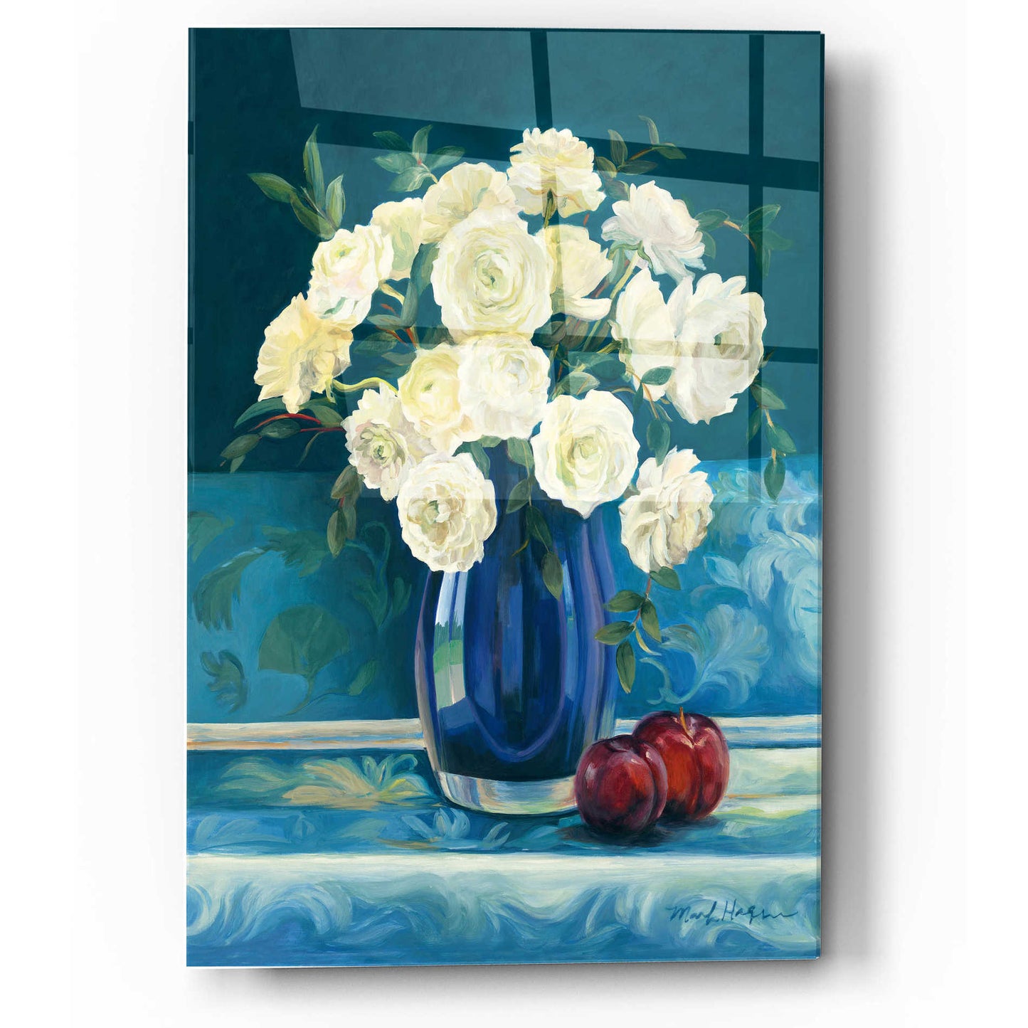 Epic Art 'Roses in Cobalt Vase' by Marilyn Hageman, Acrylic Glass Wall Art,12x16