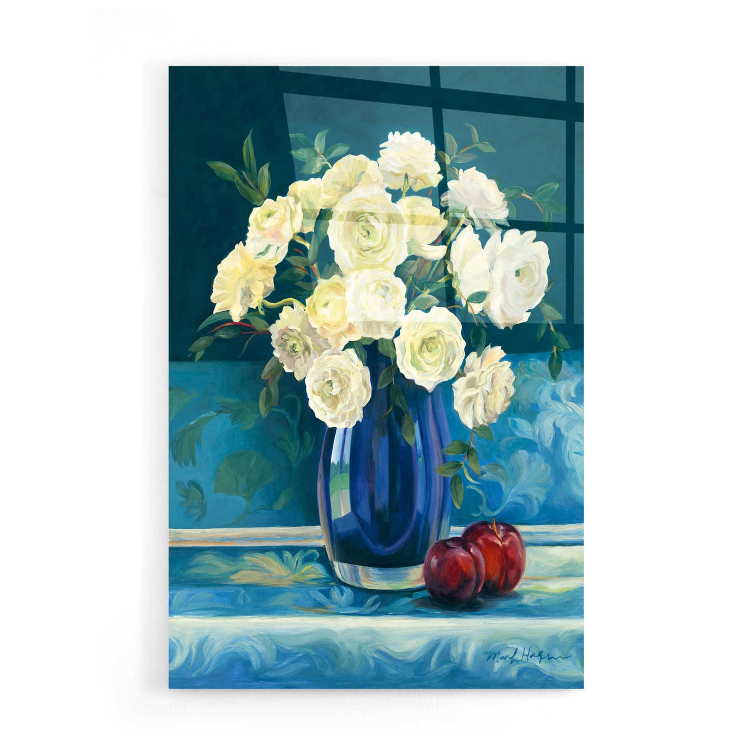 Epic Art 'Roses in Cobalt Vase' by Marilyn Hageman, Acrylic Glass Wall Art,16x24