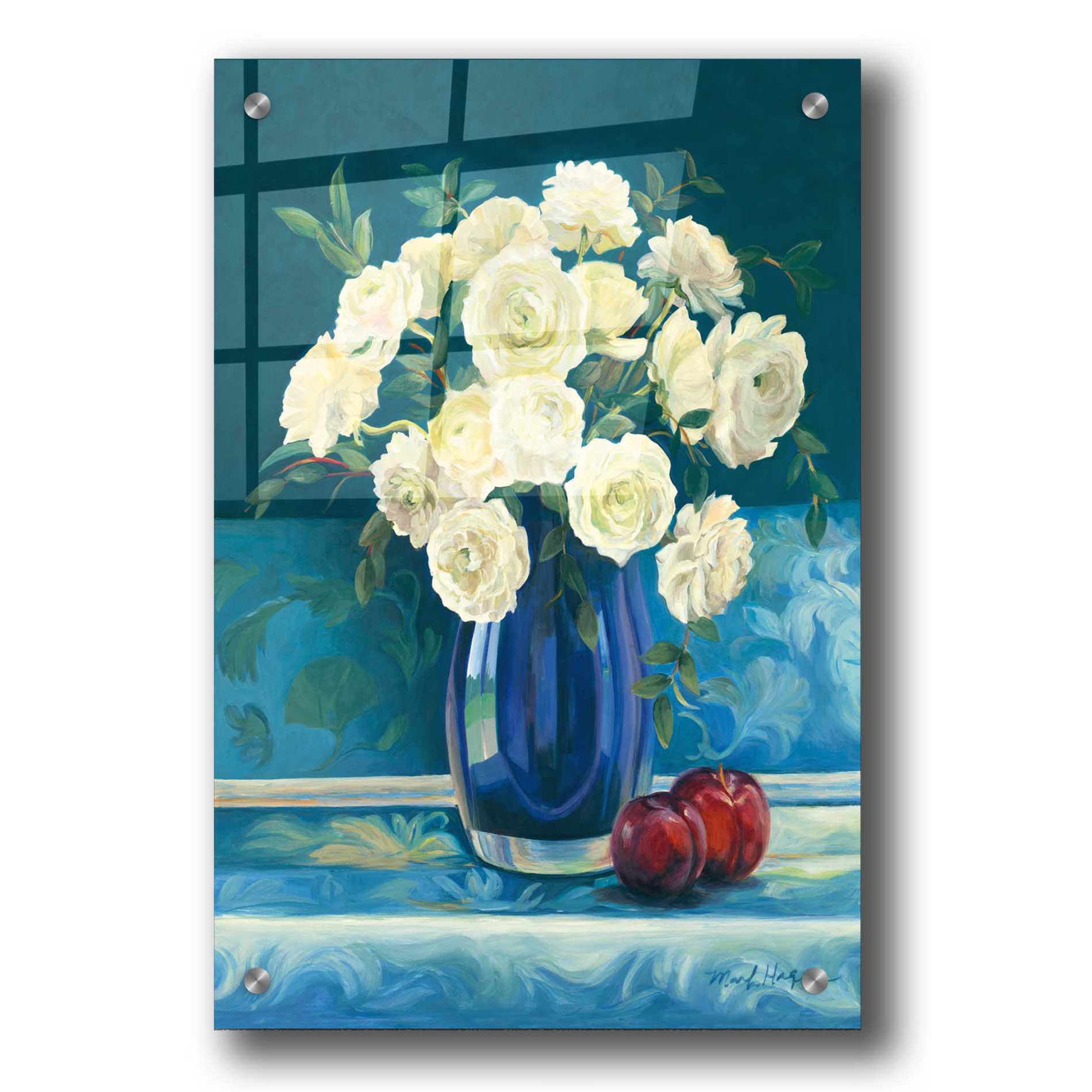 Epic Art 'Roses in Cobalt Vase' by Marilyn Hageman, Acrylic Glass Wall Art,24x36