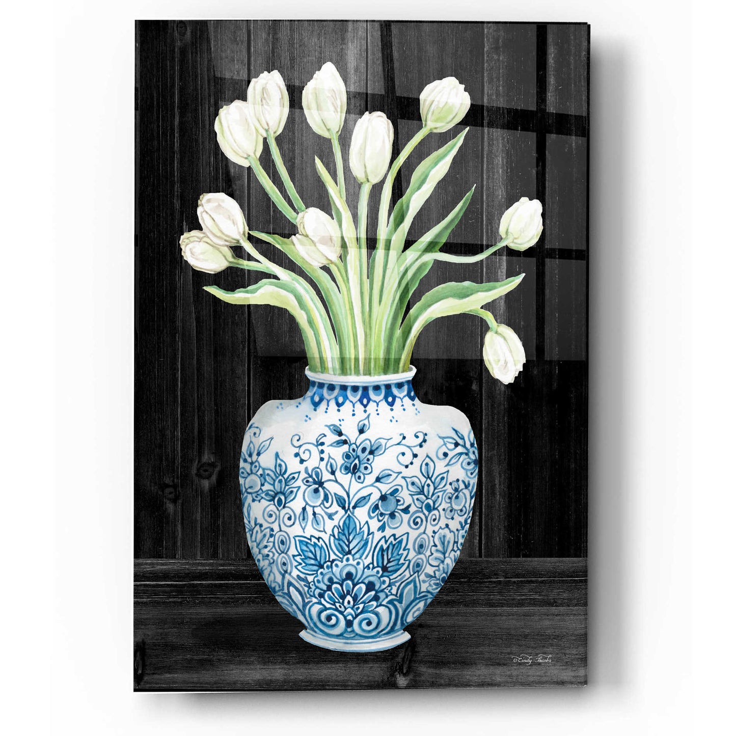 Epic Art 'Blue and White Tulips Black I' by Cindy Jacobs, Acrylic Glass Wall Art,12x16