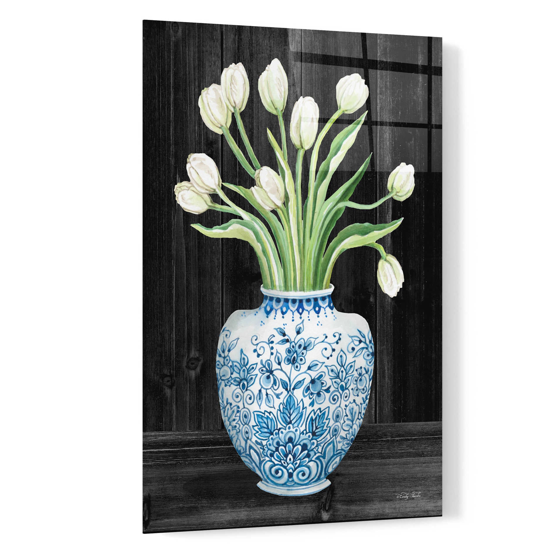 Epic Art 'Blue and White Tulips Black I' by Cindy Jacobs, Acrylic Glass Wall Art,16x24