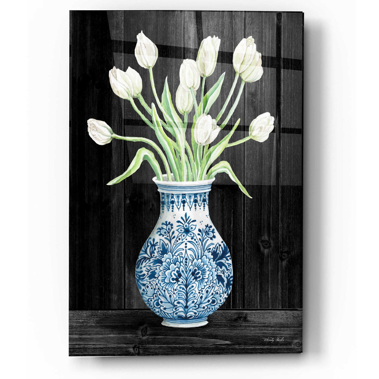 Epic Art 'Blue and White Tulips Black II' by Cindy Jacobs, Acrylic Glass Wall Art,12x16