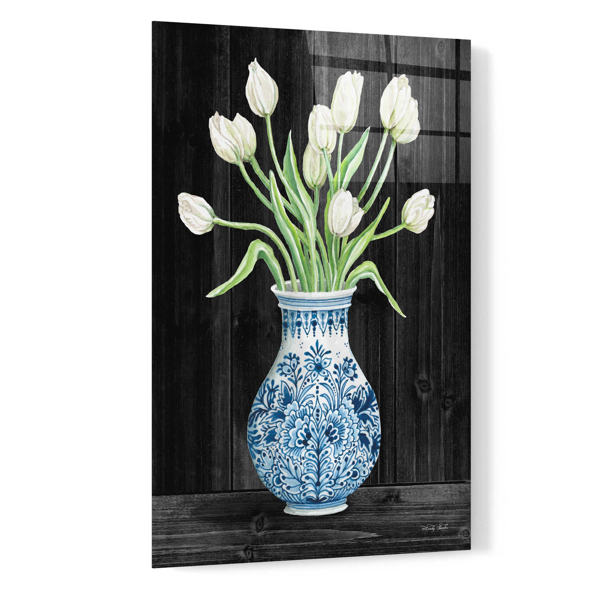 Epic Art 'Blue and White Tulips Black II' by Cindy Jacobs, Acrylic Glass Wall Art,16x24