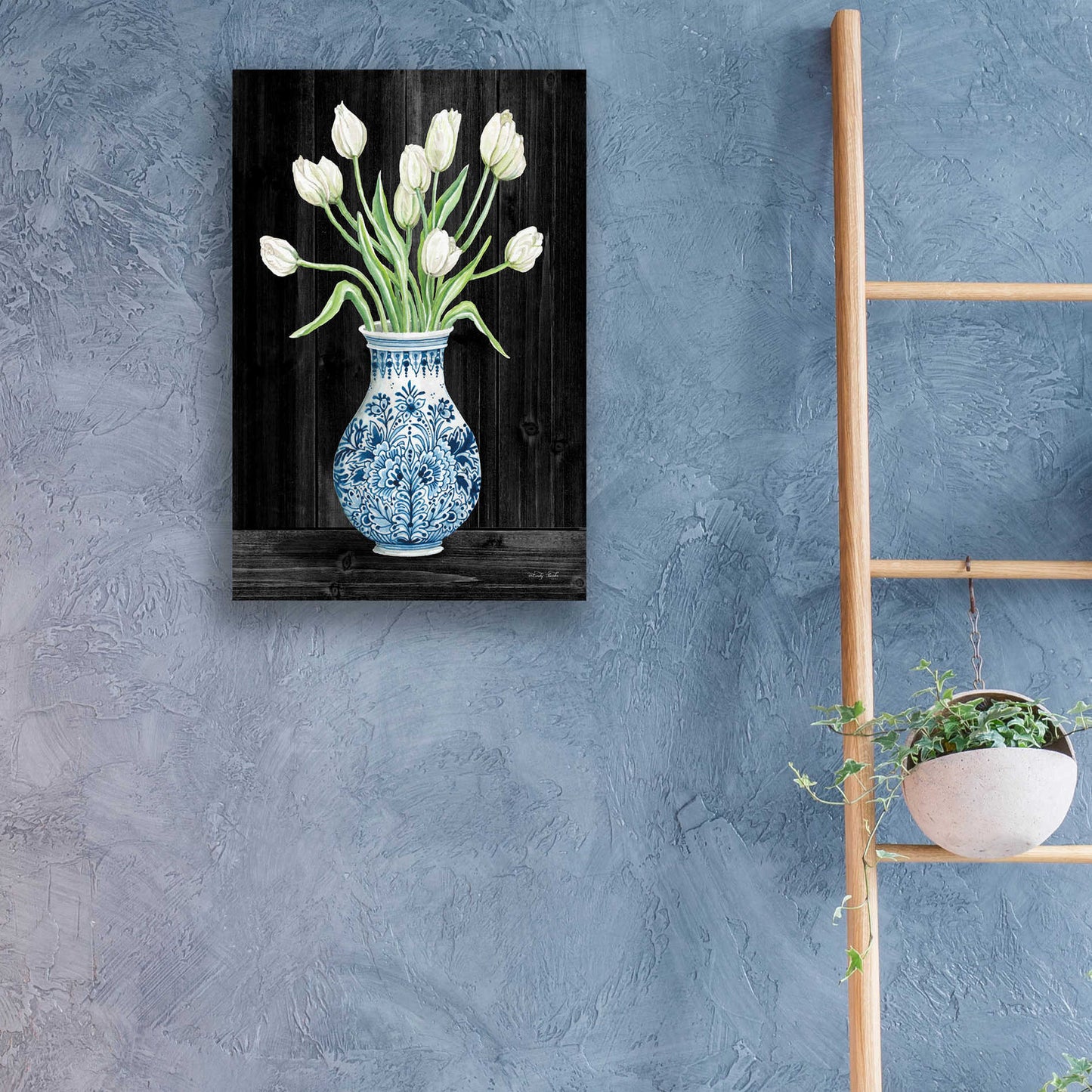 Epic Art 'Blue and White Tulips Black II' by Cindy Jacobs, Acrylic Glass Wall Art,16x24