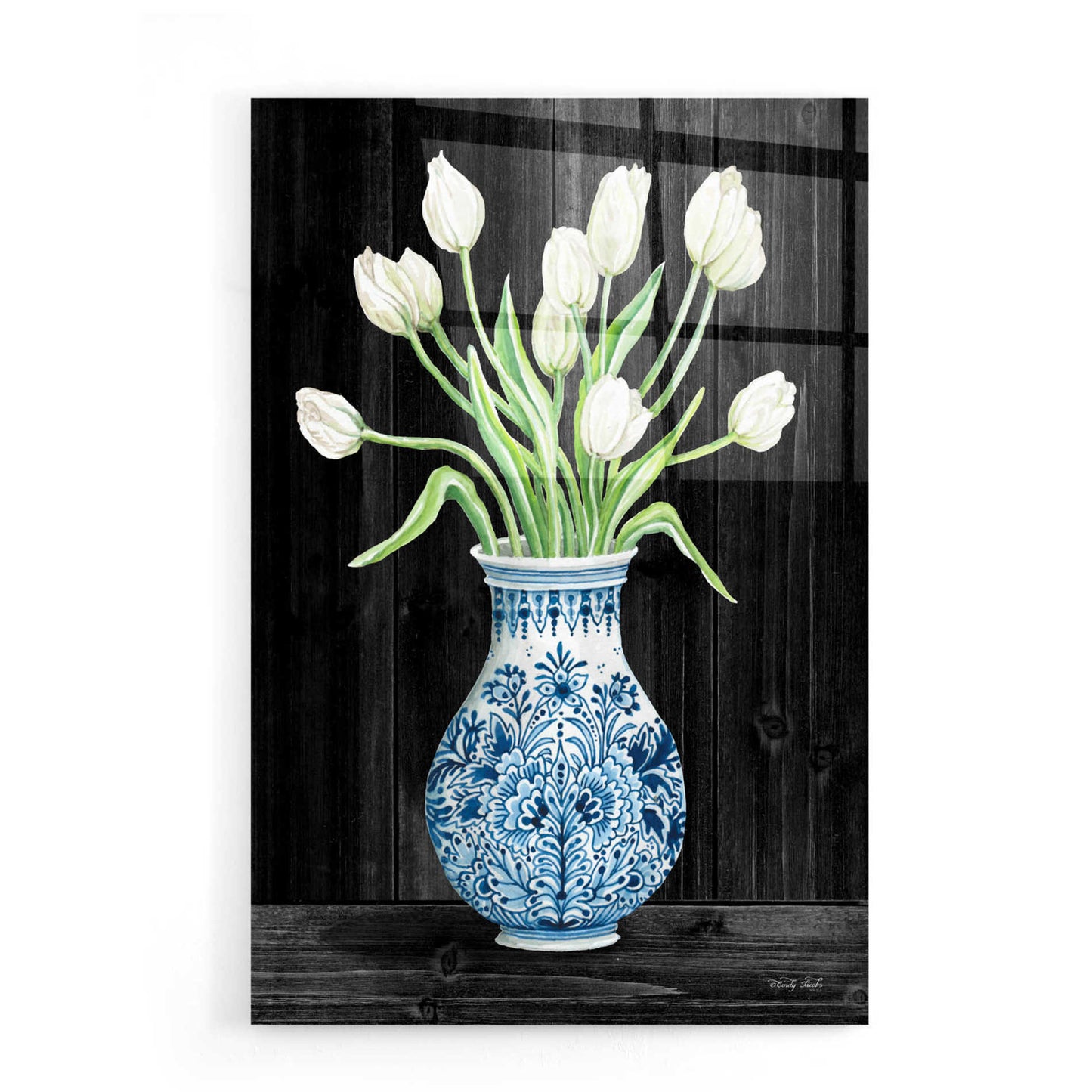 Epic Art 'Blue and White Tulips Black II' by Cindy Jacobs, Acrylic Glass Wall Art,16x24