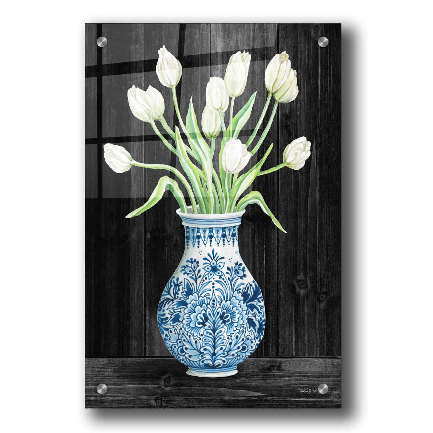 Epic Art 'Blue and White Tulips Black II' by Cindy Jacobs, Acrylic Glass Wall Art,24x36