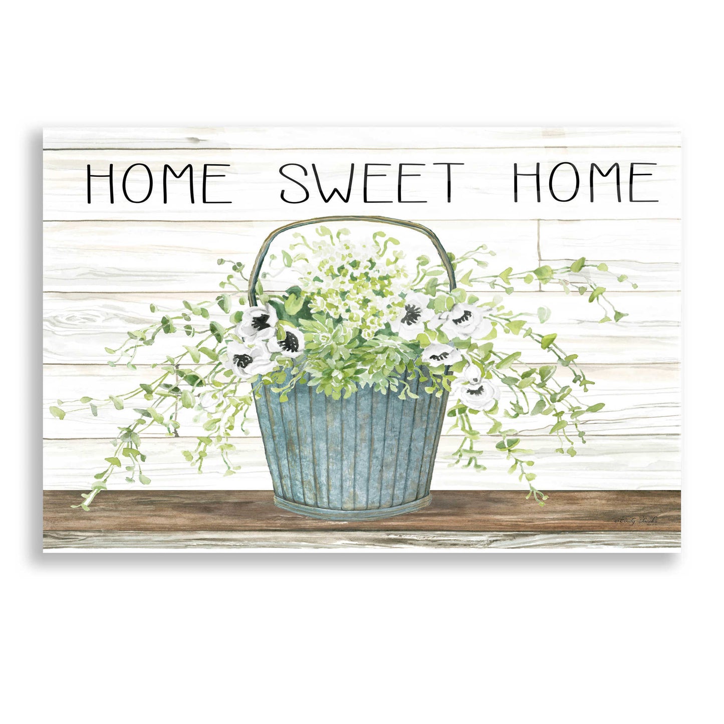 Epic Art 'Home Sweet Home Galvanized Bucket' by Cindy Jacobs, Acrylic Glass Wall Art,16x12