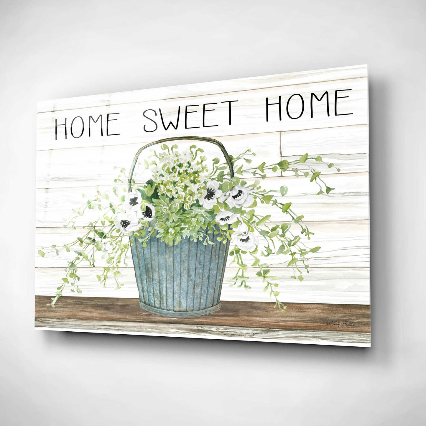 Epic Art 'Home Sweet Home Galvanized Bucket' by Cindy Jacobs, Acrylic Glass Wall Art,24x16