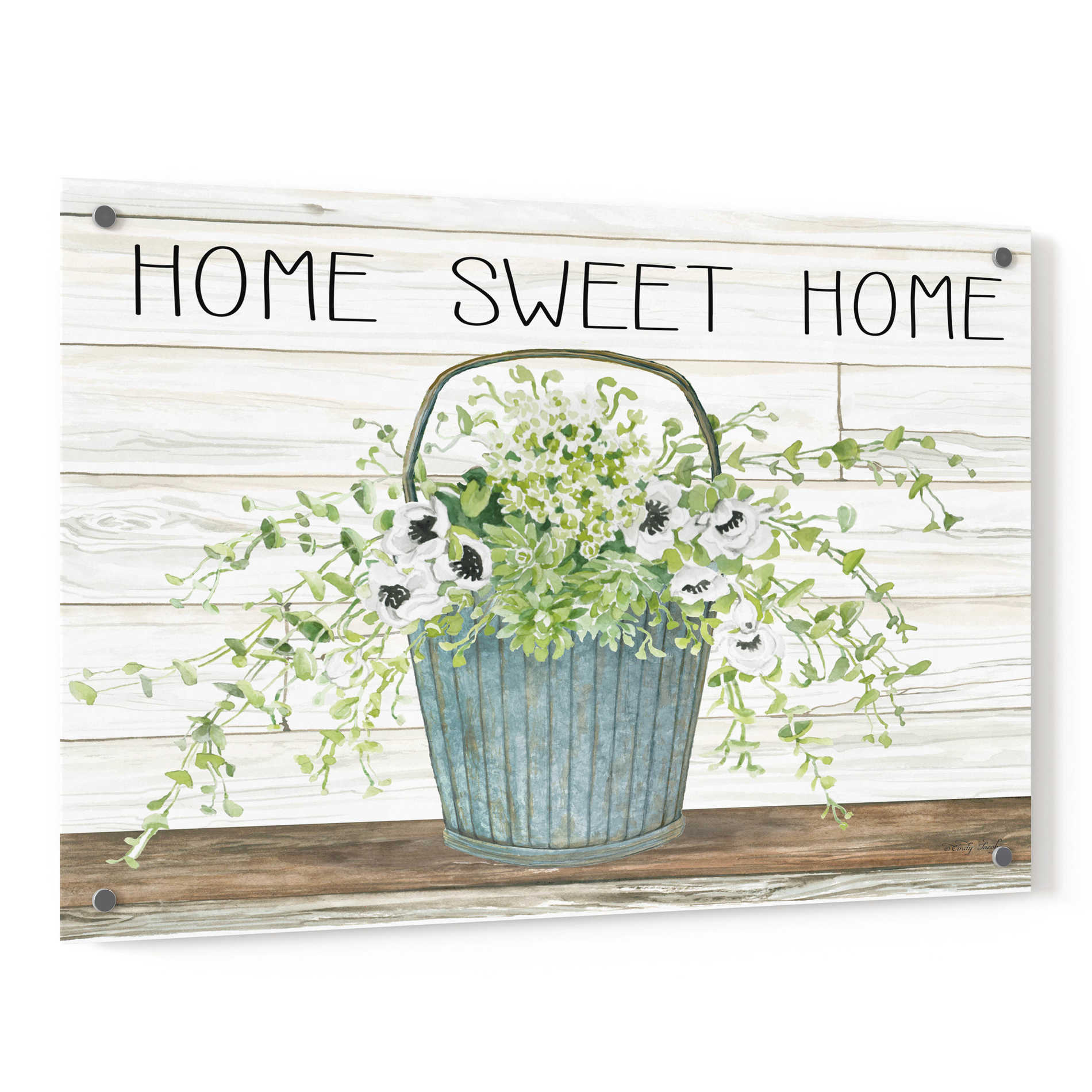 Epic Art 'Home Sweet Home Galvanized Bucket' by Cindy Jacobs, Acrylic Glass Wall Art,36x24