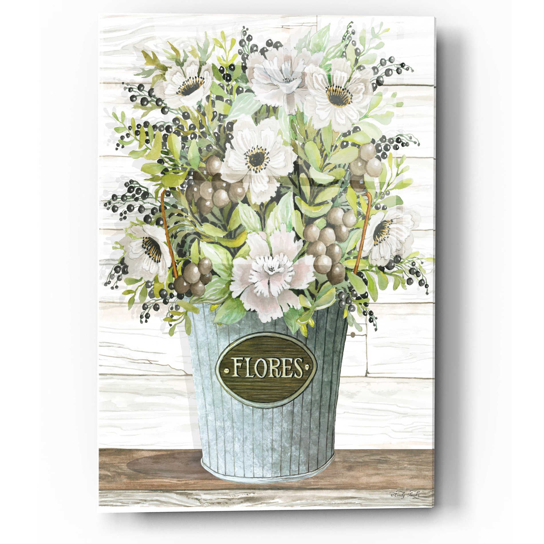 Epic Art 'Flores Galvanized Bucket' by Cindy Jacobs, Acrylic Glass Wall Art,12x16