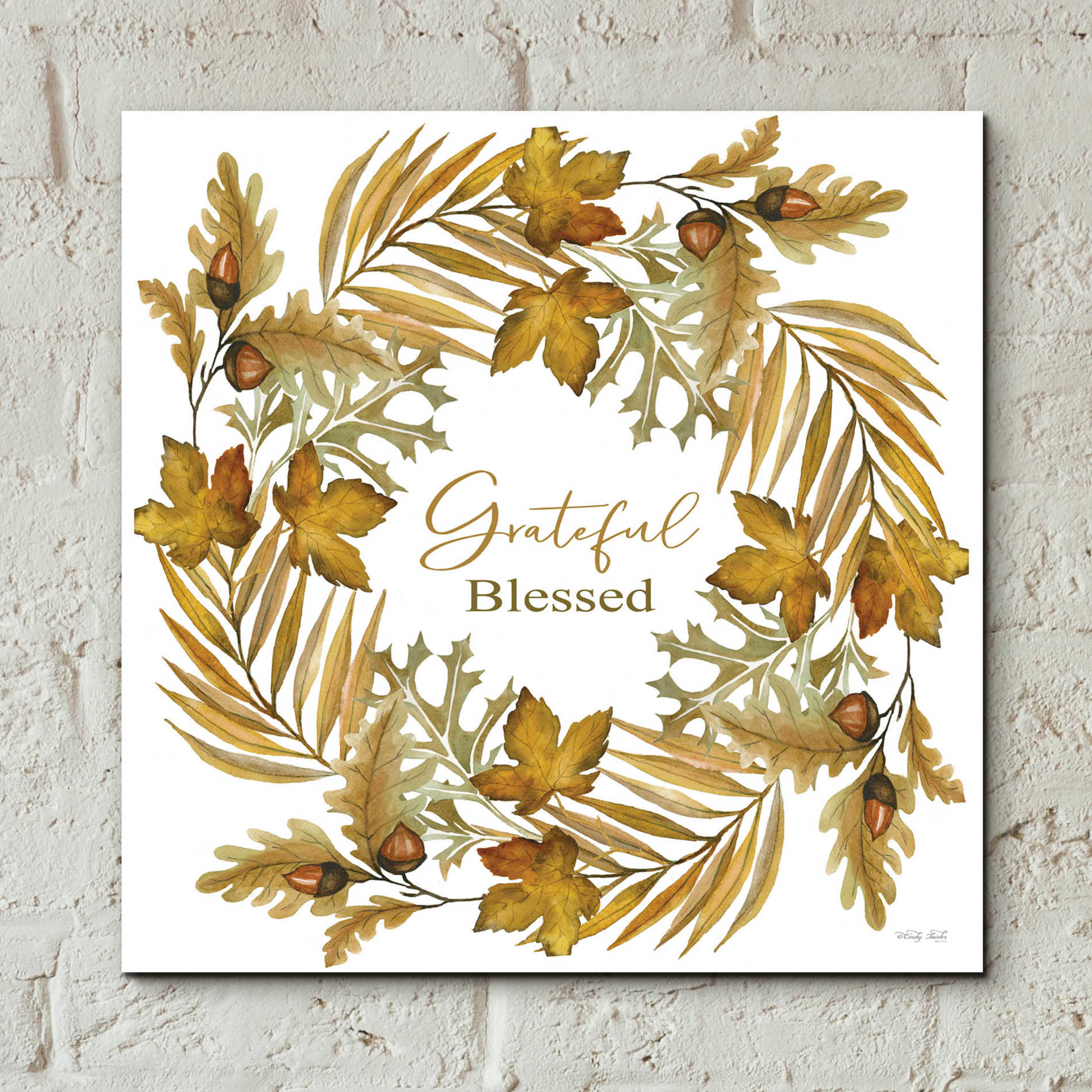 Epic Art 'Grateful Blessed Fall Wreath' by Cindy Jacobs, Acrylic Glass Wall Art,12x12