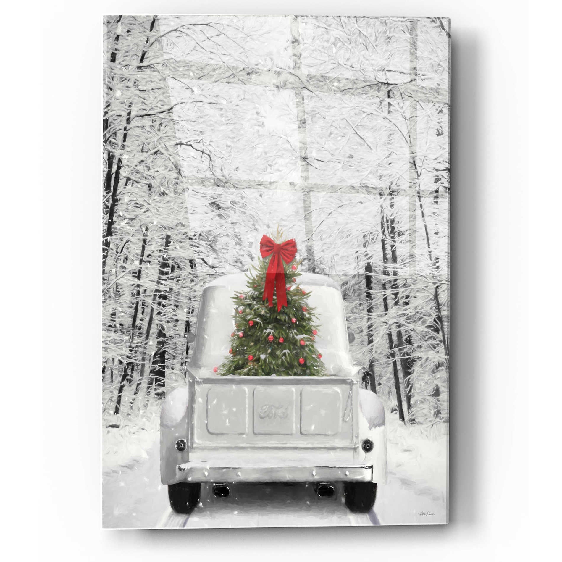 Epic Art 'Snowy Drive in a White Ford' by Lori Deiter, Acrylic Glass Wall Art,12x16