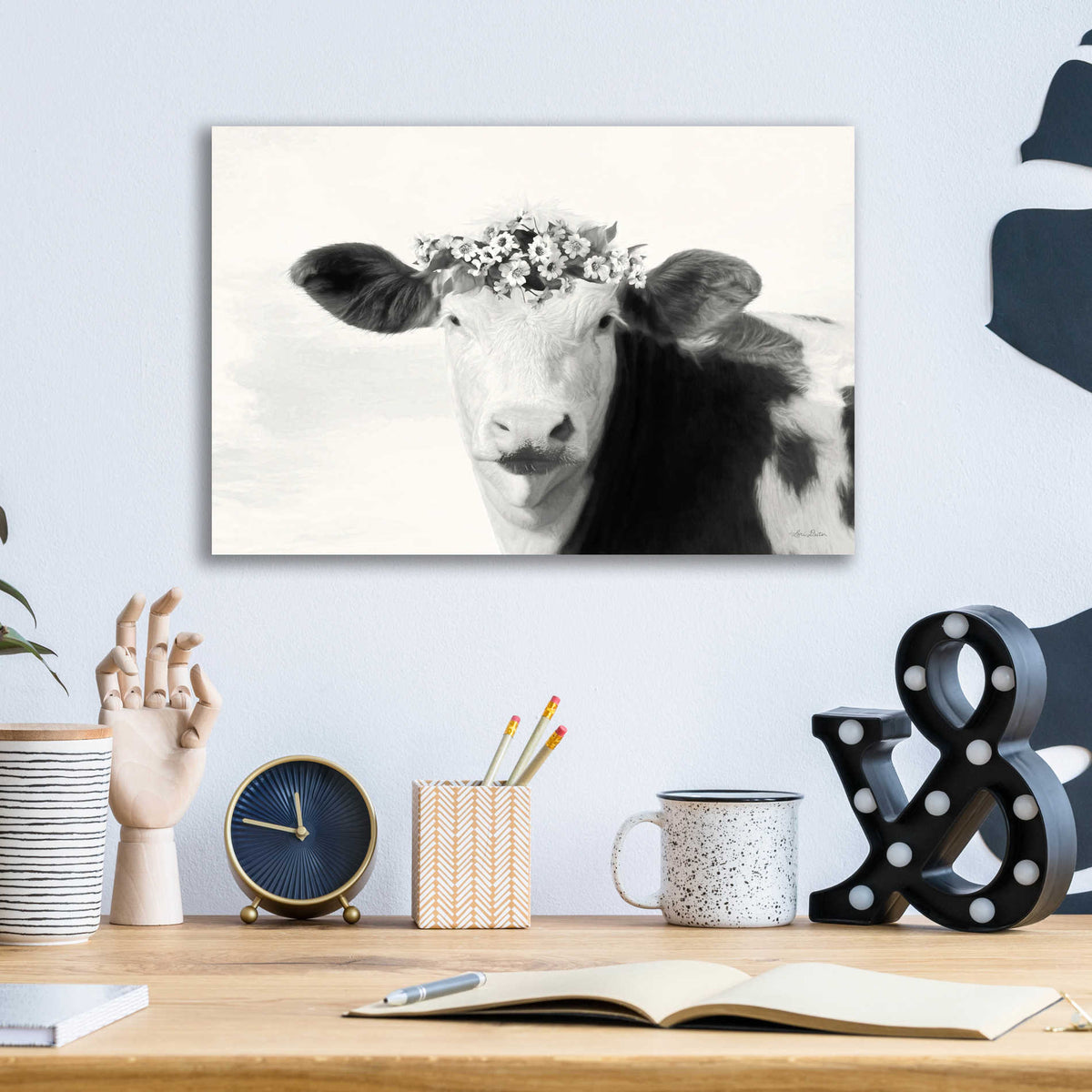 Epic Art 'Spotted Cow with Flowers' by Lori Deiter, Acrylic Glass Wall Art,16x12