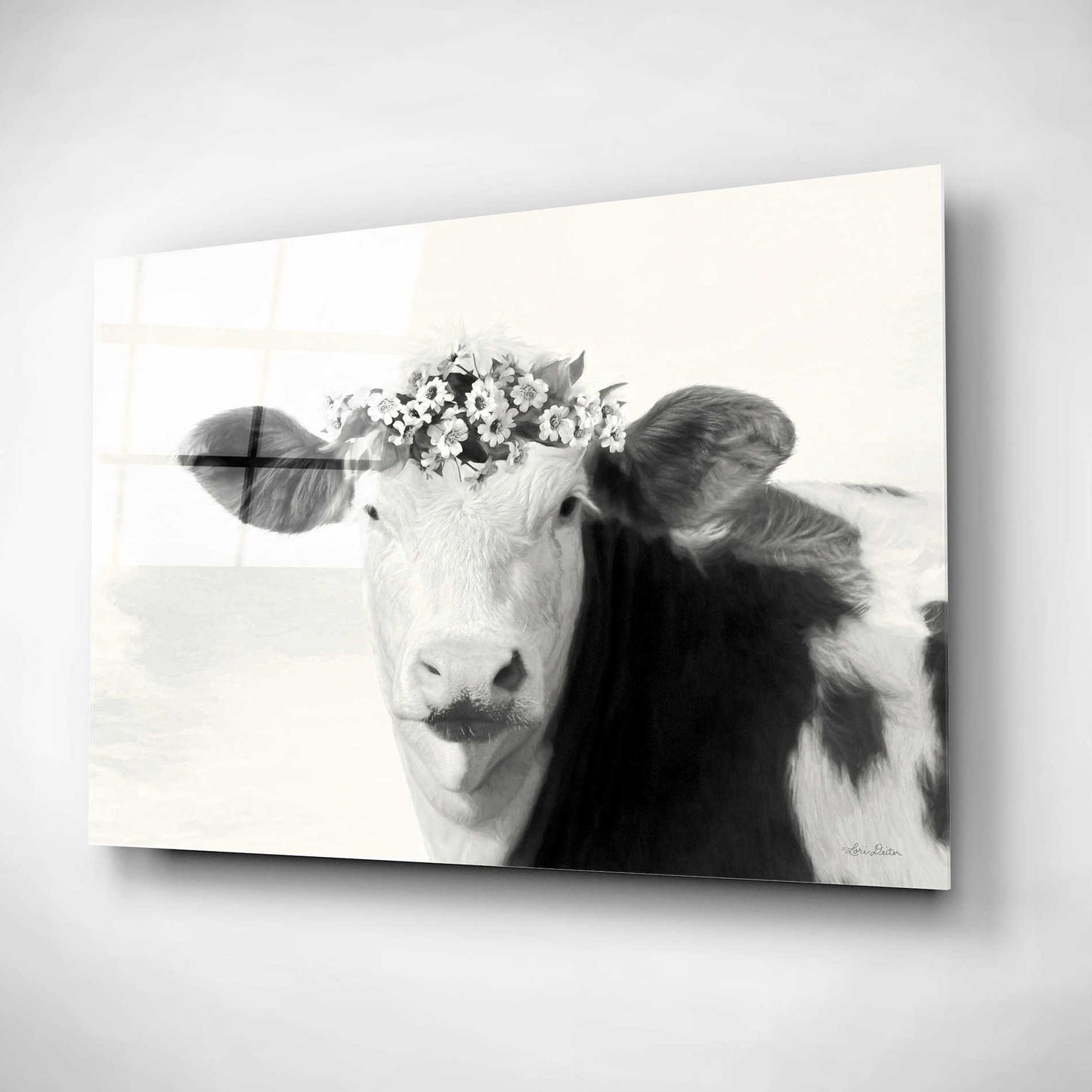 Epic Art 'Spotted Cow with Flowers' by Lori Deiter, Acrylic Glass Wall Art,24x16