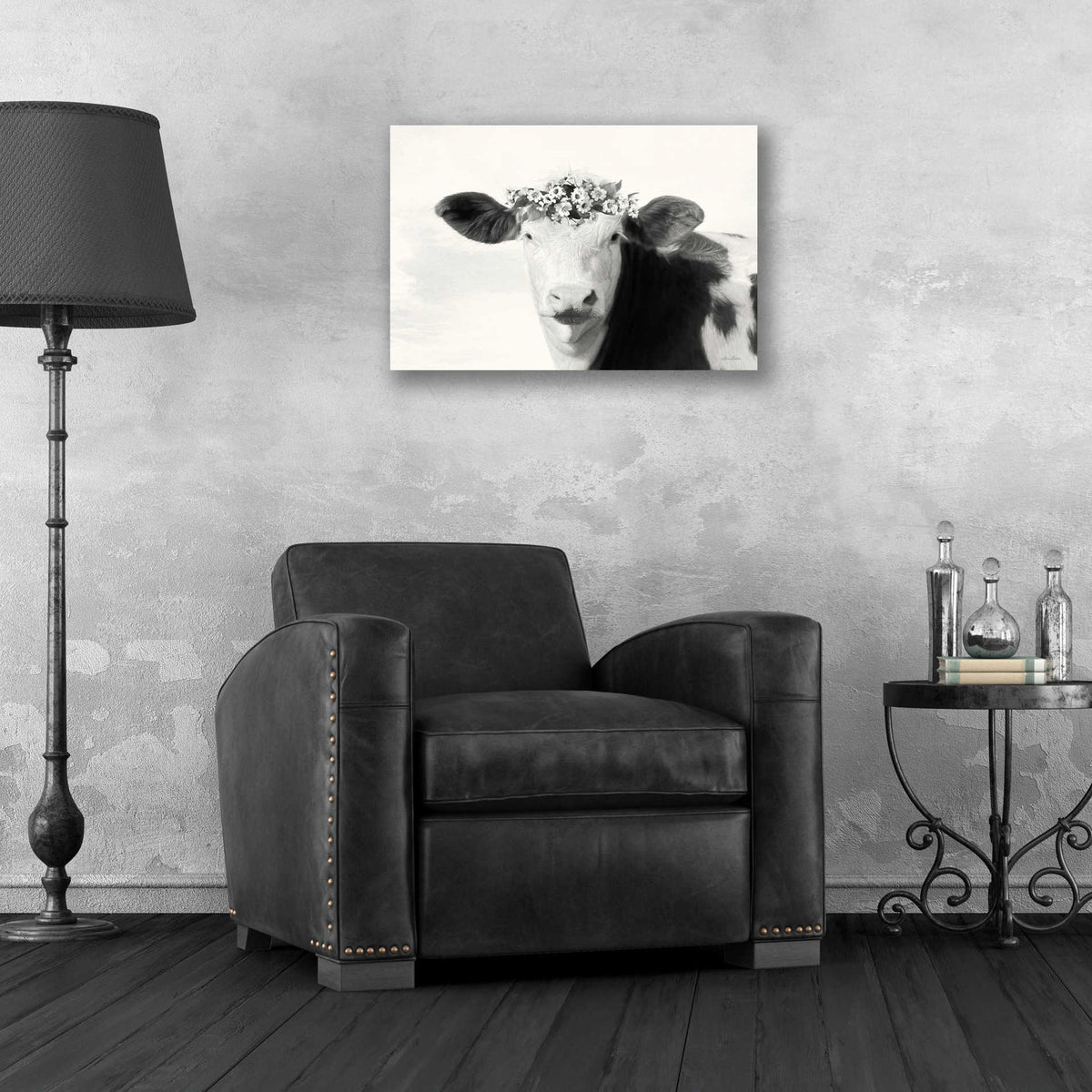 Epic Art 'Spotted Cow with Flowers' by Lori Deiter, Acrylic Glass Wall Art,24x16