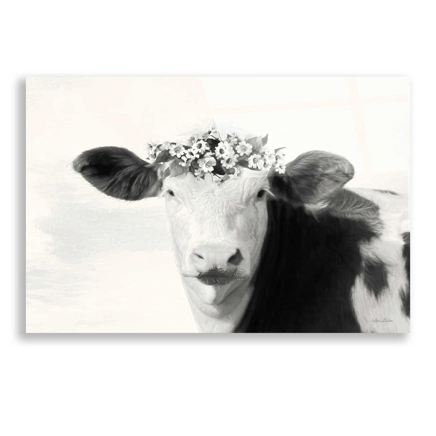 Epic Art 'Spotted Cow with Flowers' by Lori Deiter, Acrylic Glass Wall Art,24x16