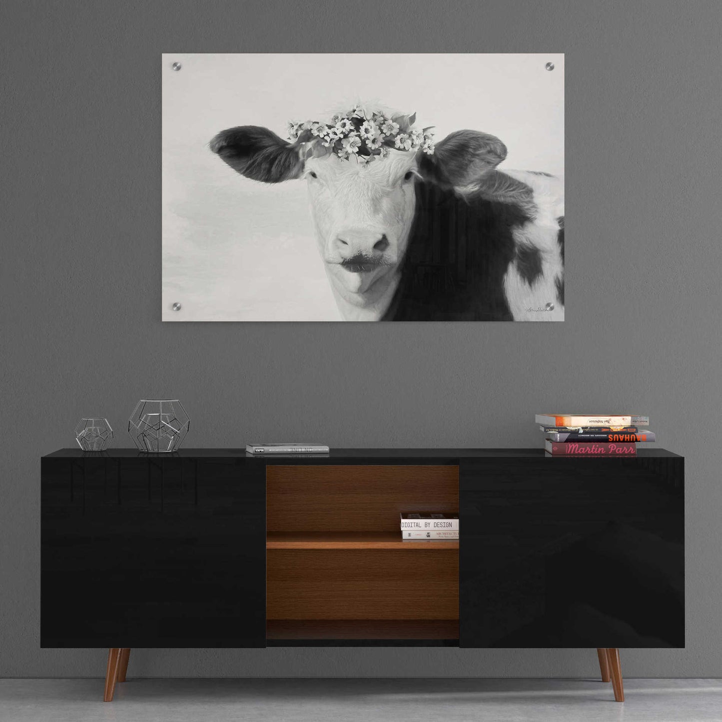 Epic Art 'Spotted Cow with Flowers' by Lori Deiter, Acrylic Glass Wall Art,36x24
