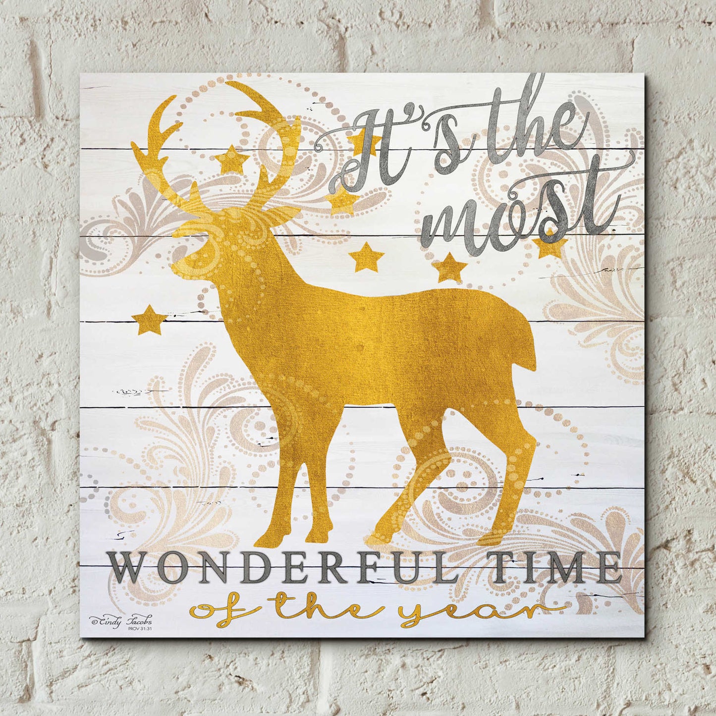 Epic Art 'It's the Most Wonderful Time Deer' by Cindy Jacobs, Acrylic Glass Wall Art,12x12