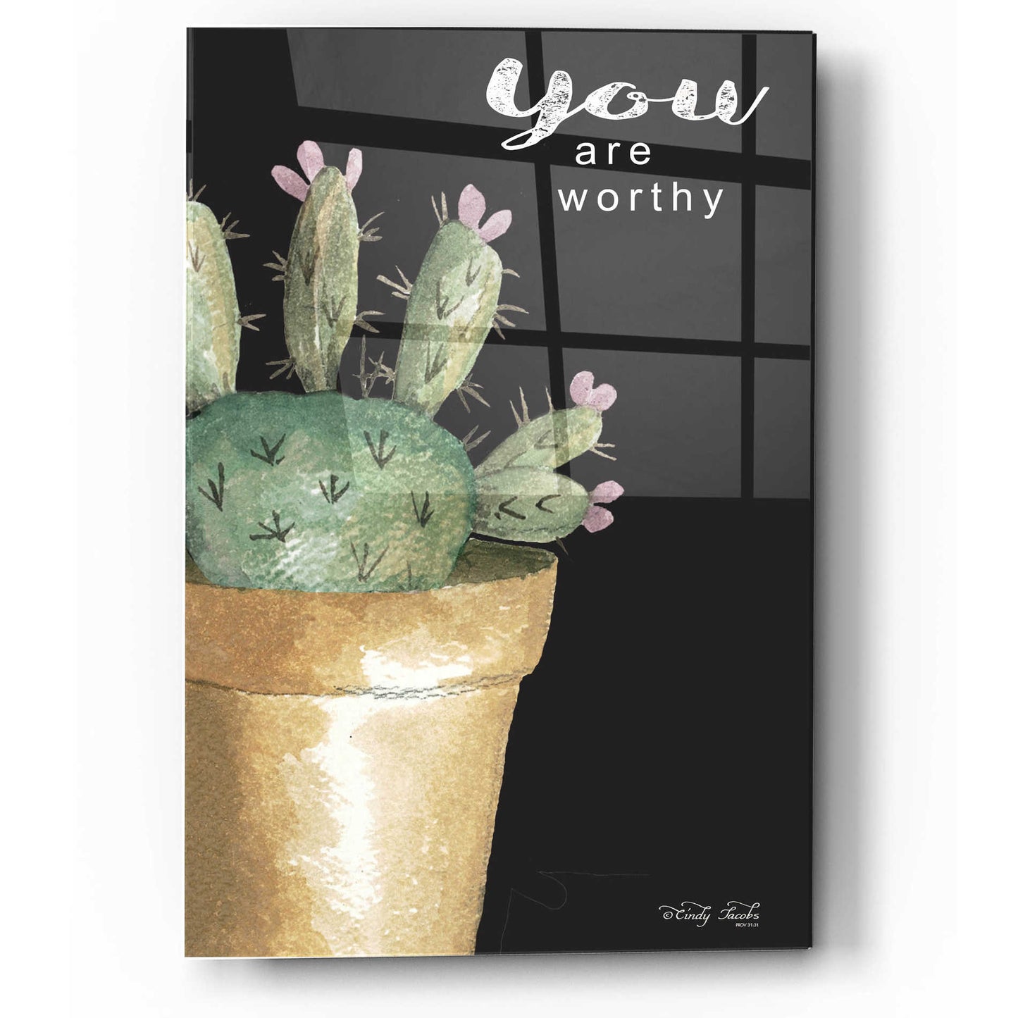 Epic Art 'You Are Worthy Cactus' by Cindy Jacobs, Acrylic Glass Wall Art,12x16