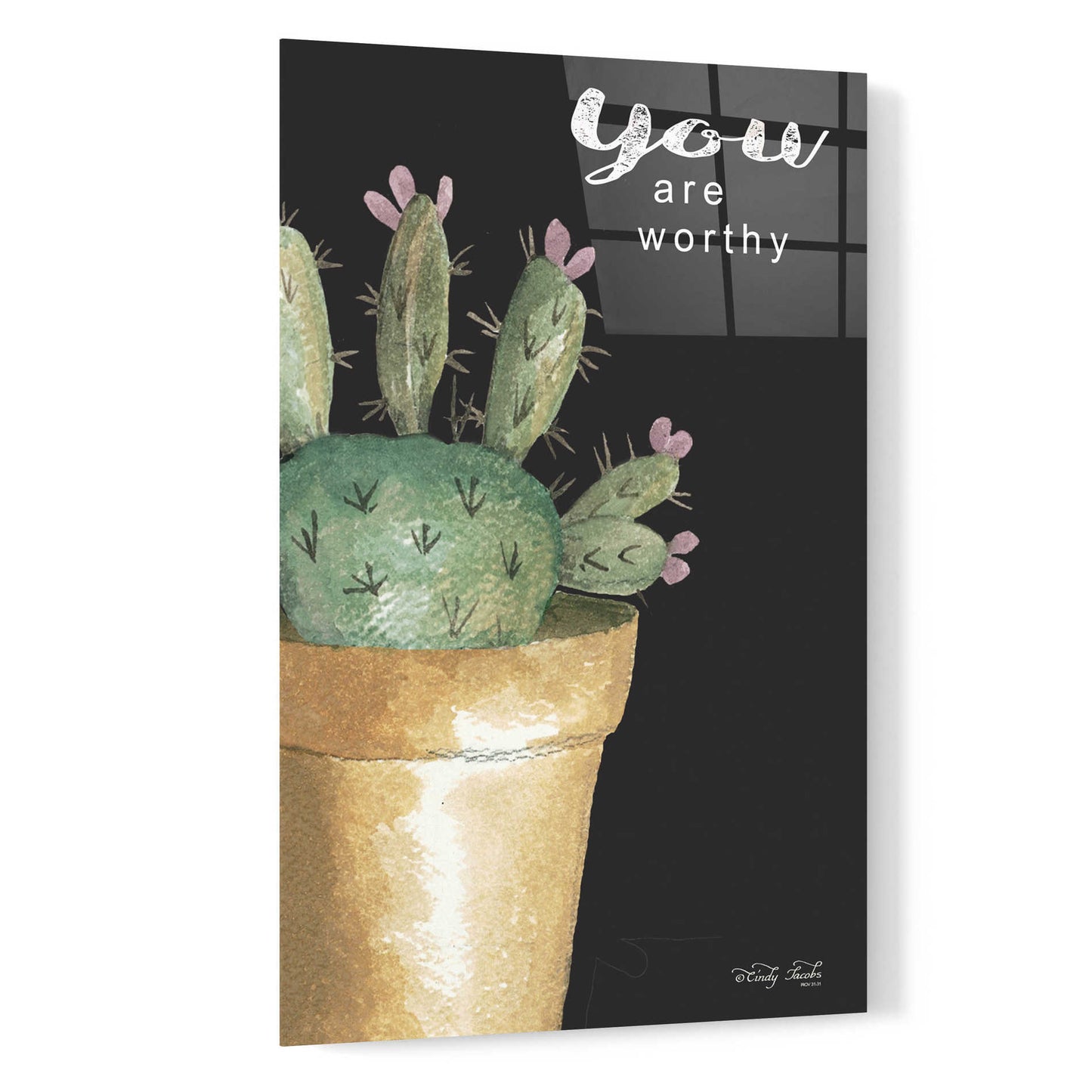 Epic Art 'You Are Worthy Cactus' by Cindy Jacobs, Acrylic Glass Wall Art,16x24