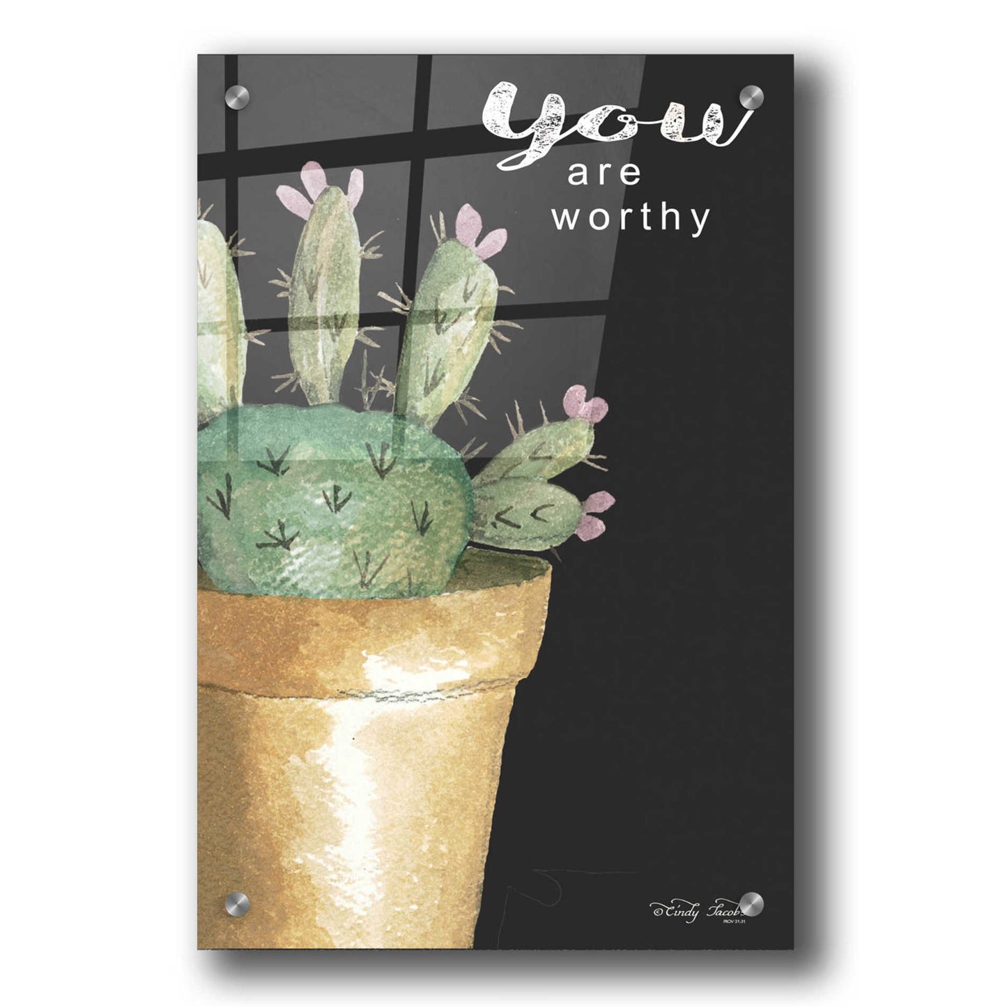 Epic Art 'You Are Worthy Cactus' by Cindy Jacobs, Acrylic Glass Wall Art,24x36