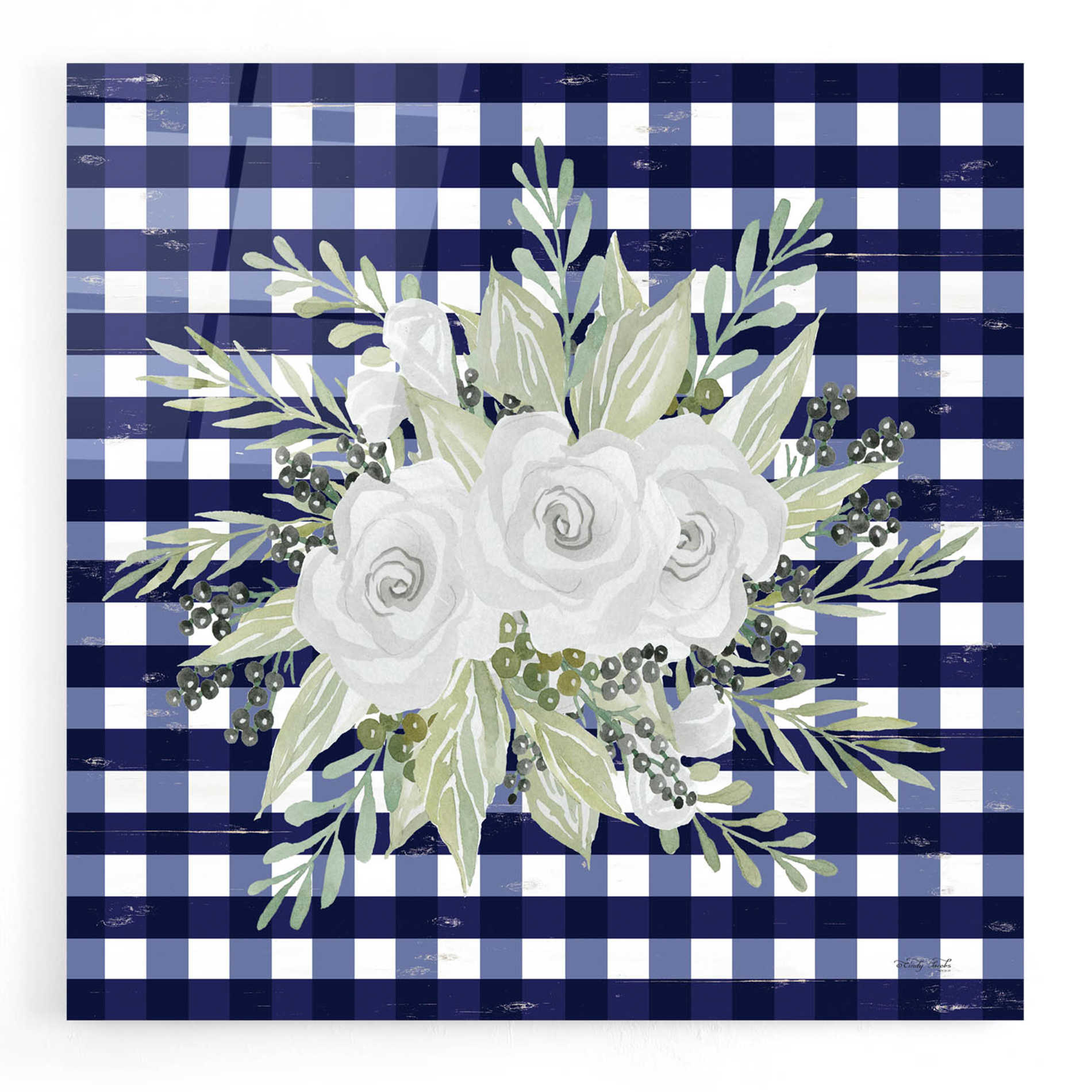 Epic Art 'Navy Floral II' by Cindy Jacobs, Acrylic Glass Wall Art,12x12