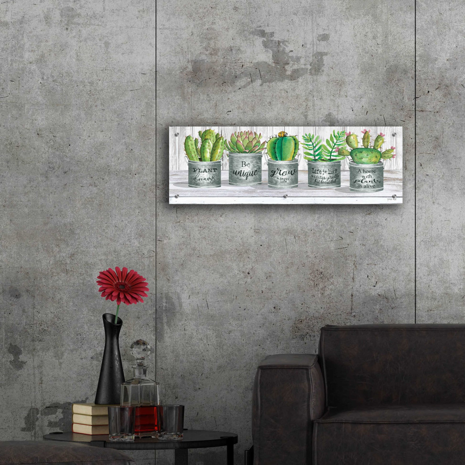 Epic Art 'Galvanized Pot Succulents I' by Cindy Jacobs, Acrylic Glass Wall Art,36x12