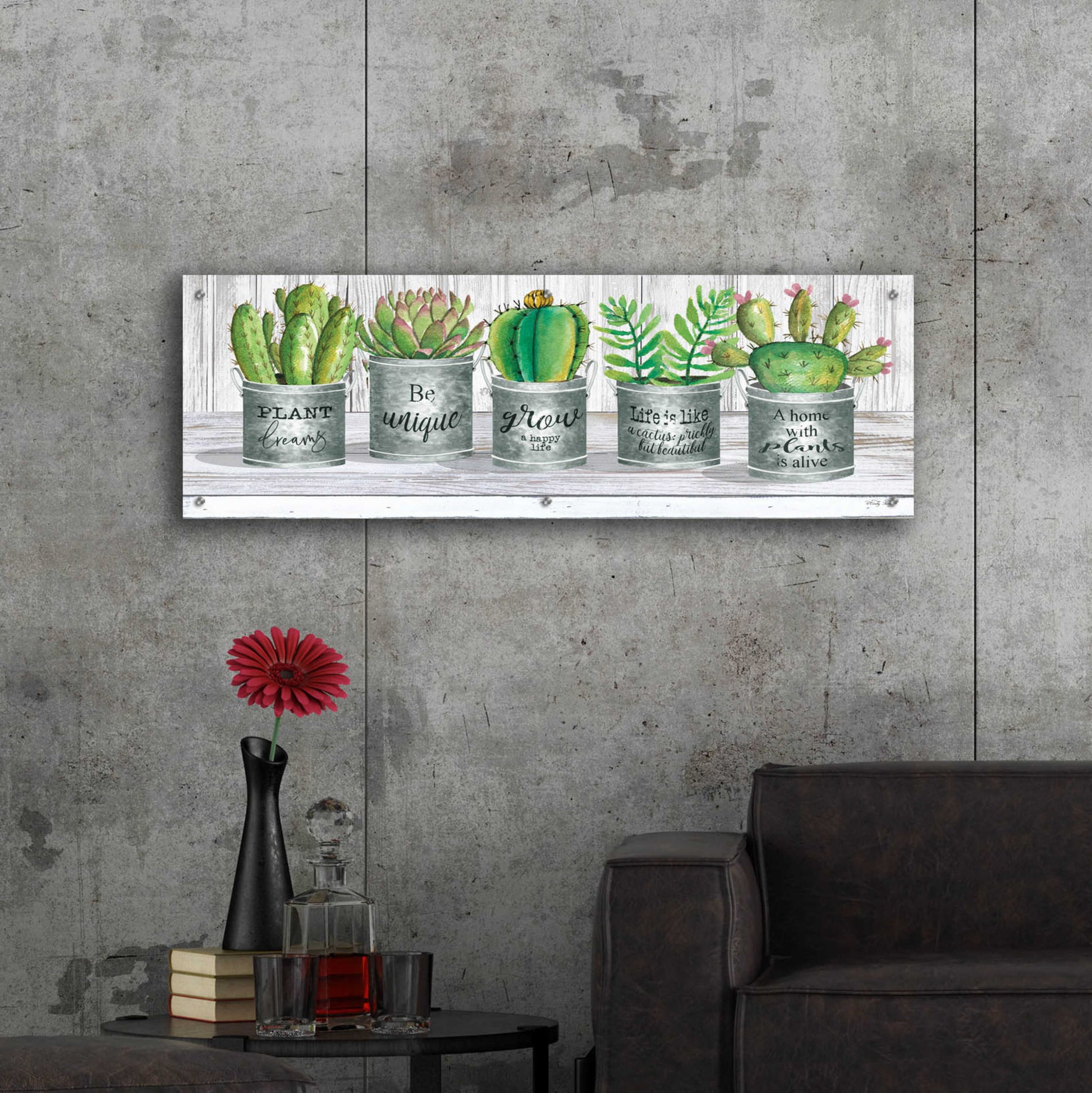 Epic Art 'Galvanized Pot Succulents I' by Cindy Jacobs, Acrylic Glass Wall Art,48x16